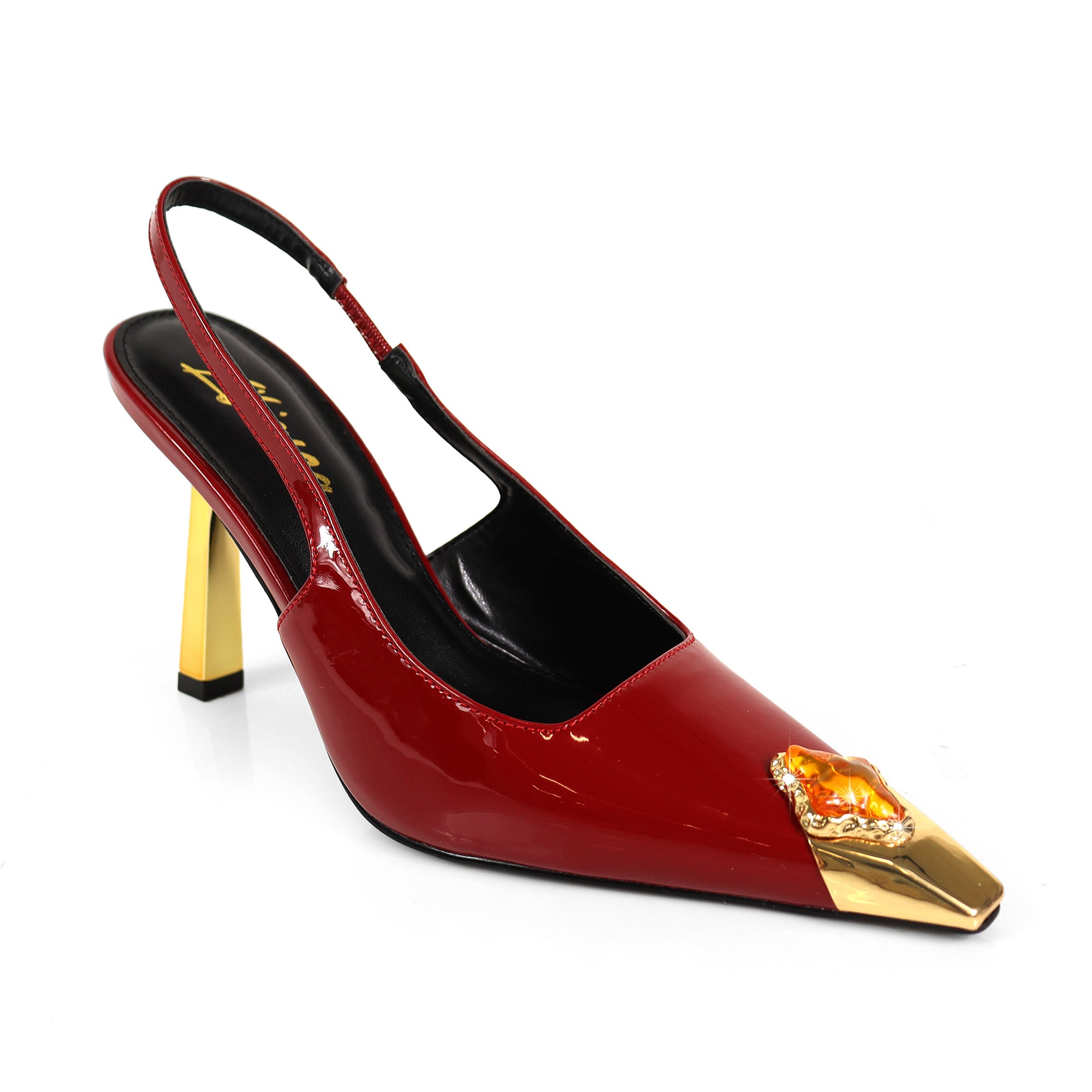 LIYA-9 SQUARE POINTED TOE SLINGBACK W/ GEOMETRIC HEEL & RHINESTONE BURGUNDY