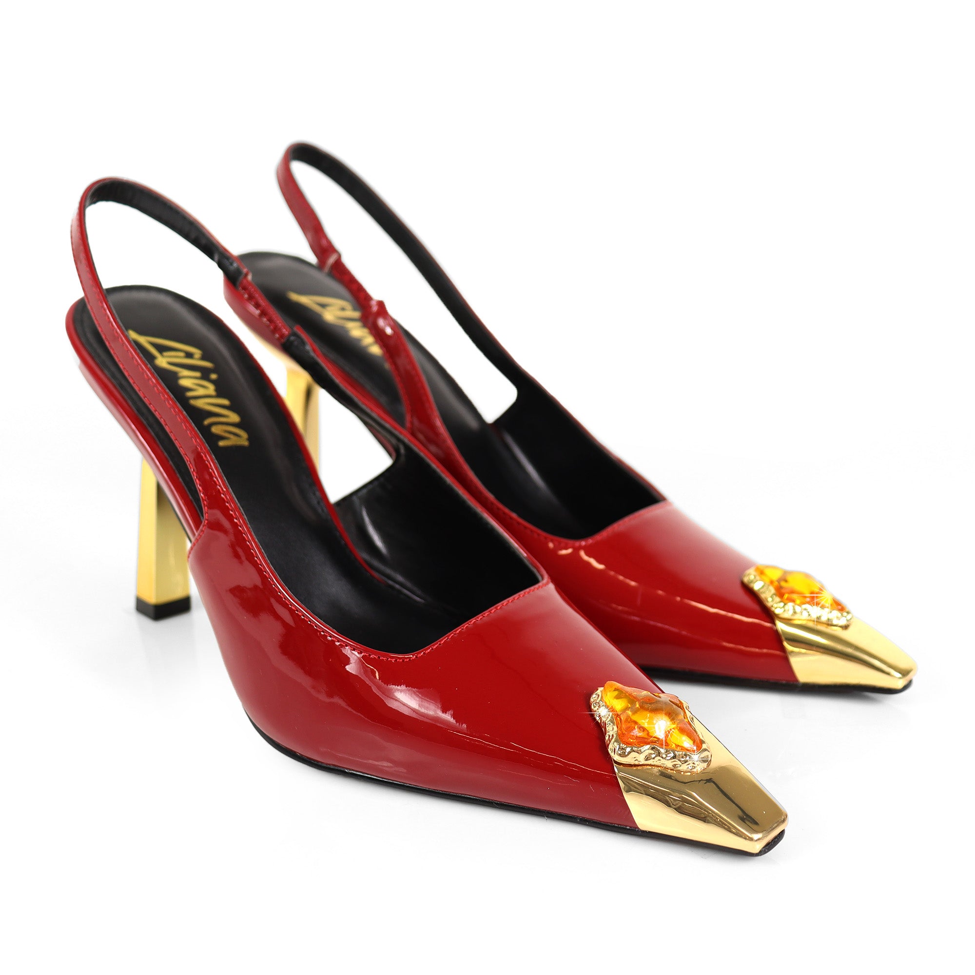 LIYA-9 SQUARE POINTED TOE SLINGBACK W/ GEOMETRIC HEEL & RHINESTONE BURGUNDY