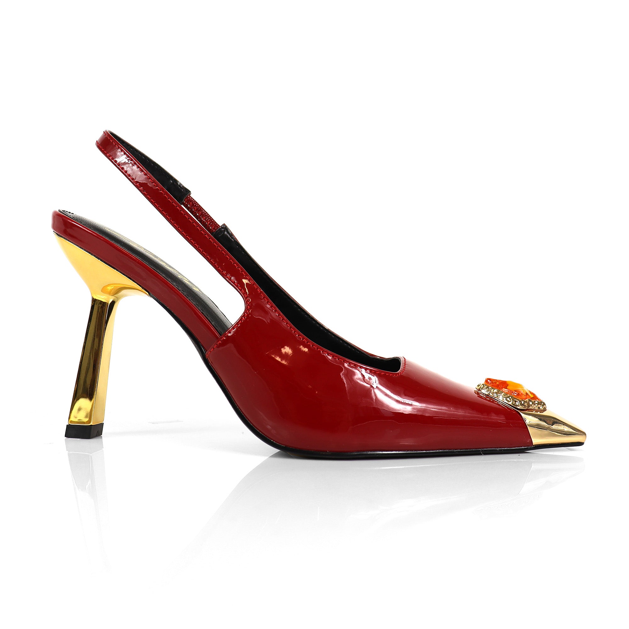 LIYA-9 SQUARE POINTED TOE SLINGBACK W/ GEOMETRIC HEEL & RHINESTONE BURGUNDY