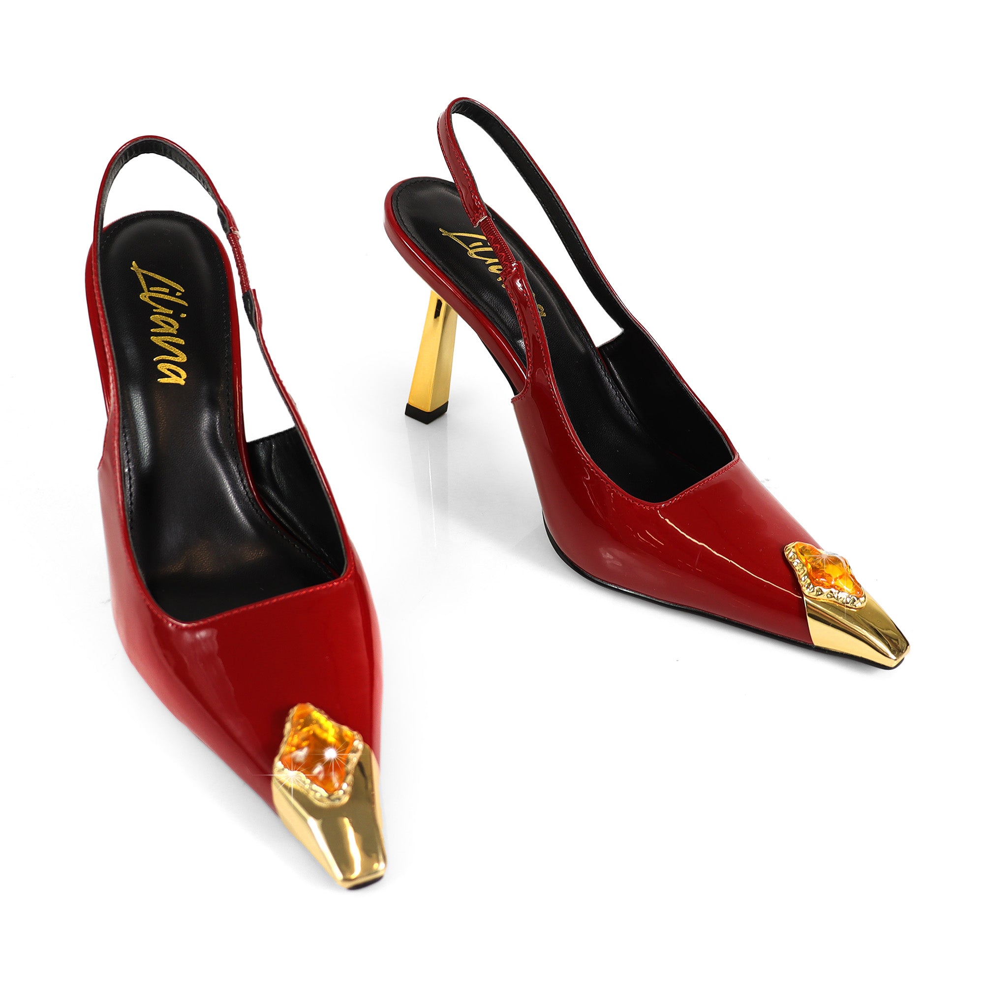 LIYA-9 SQUARE POINTED TOE SLINGBACK W/ GEOMETRIC HEEL & RHINESTONE BURGUNDY