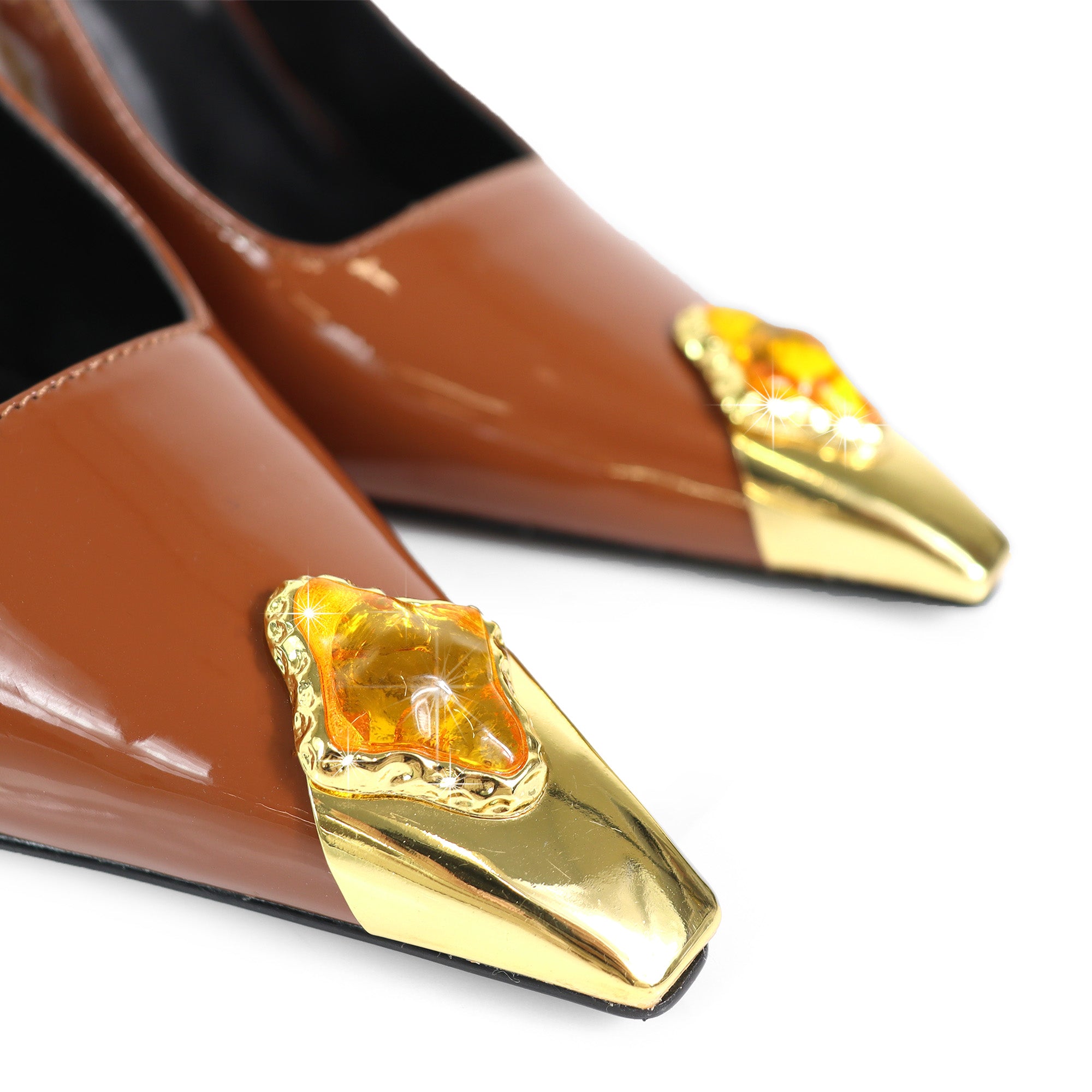 LIYA-9 SQUARE POINTED TOE SLINGBACK W/ GEOMETRIC HEEL & RHINESTONE MOCHA