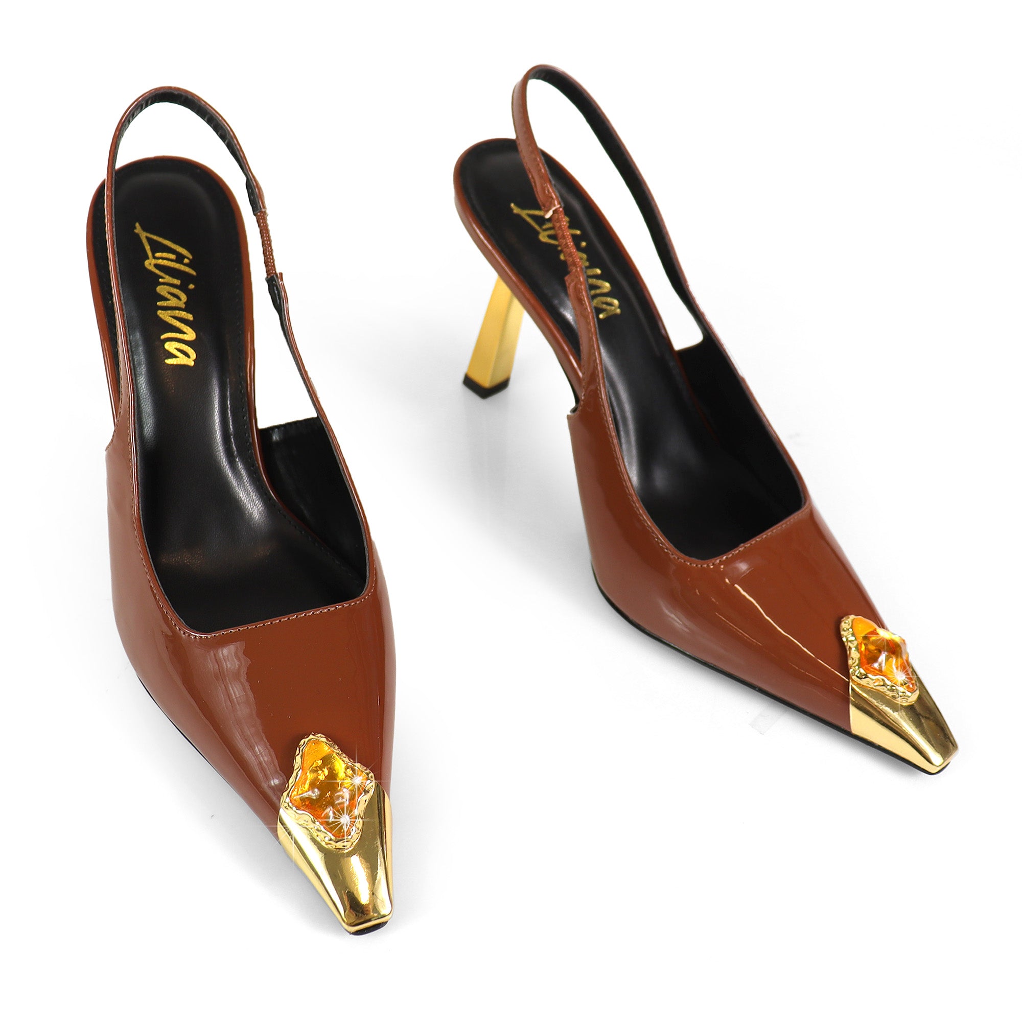 LIYA-9 SQUARE POINTED TOE SLINGBACK W/ GEOMETRIC HEEL & RHINESTONE MOCHA
