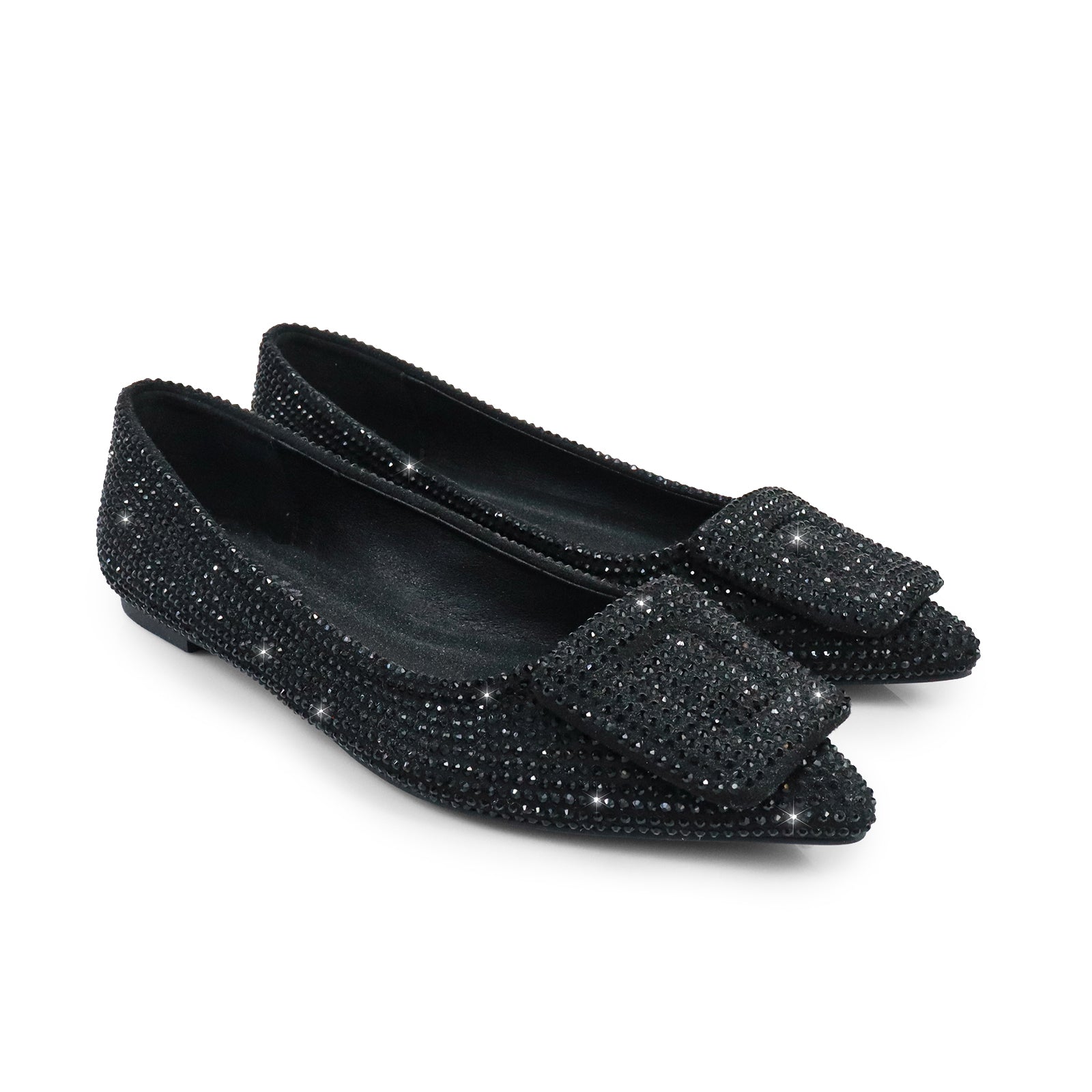 LIZ-2 POINTED TOE FLATW/RHINESTONE BUCKLE BLACK