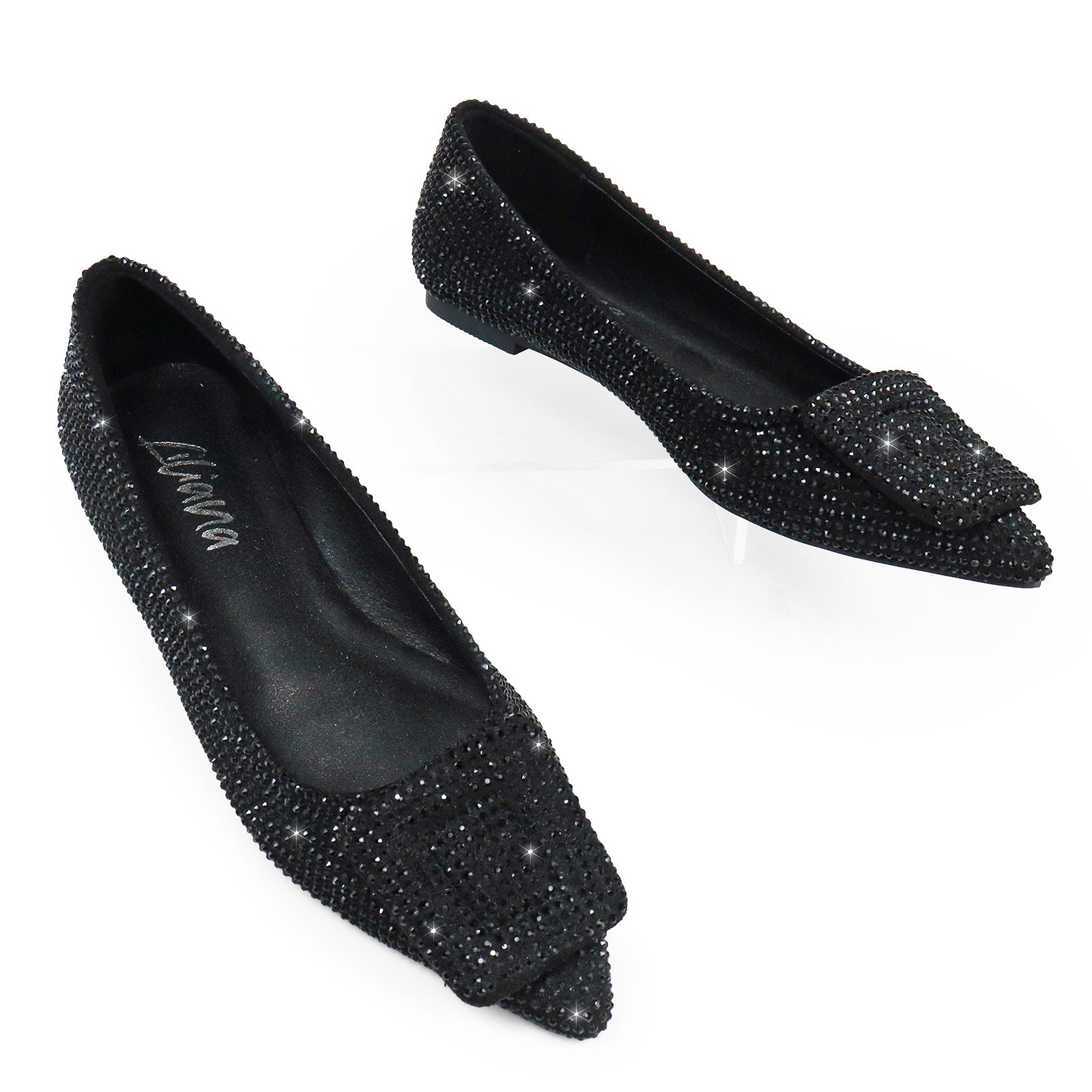 LIZ-2 POINTED TOE FLATW/RHINESTONE BUCKLE BLACK