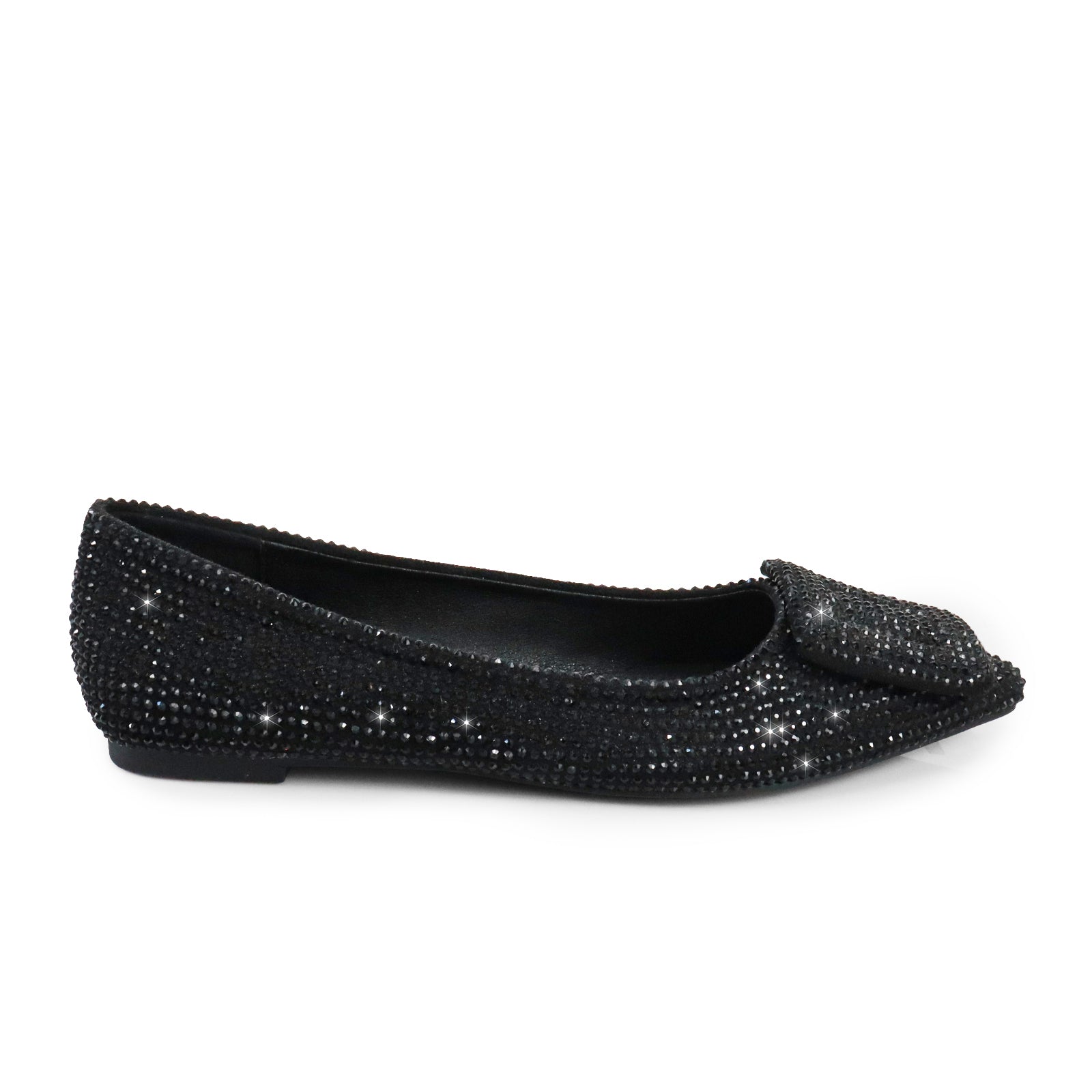 LIZ-2 POINTED TOE FLATW/RHINESTONE BUCKLE BLACK