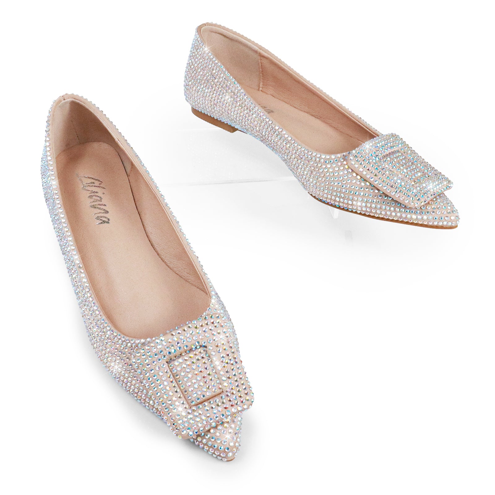 LIZ-2 POINTED TOE FLATW/RHINESTONE BUCKLE CHAMPAGNE