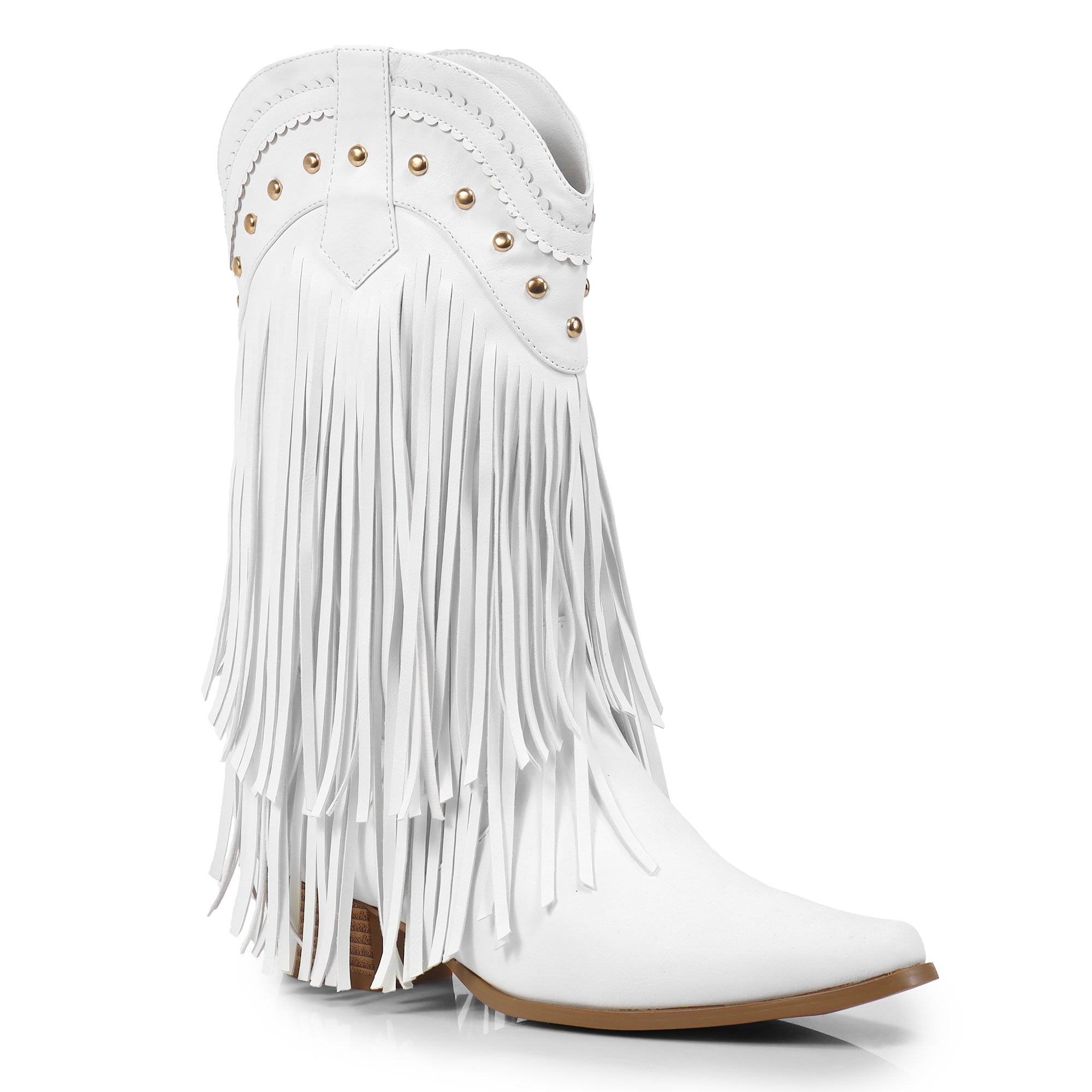 LIZZY-15 STUD FRINGE WESTERN BOOTIE WHITE