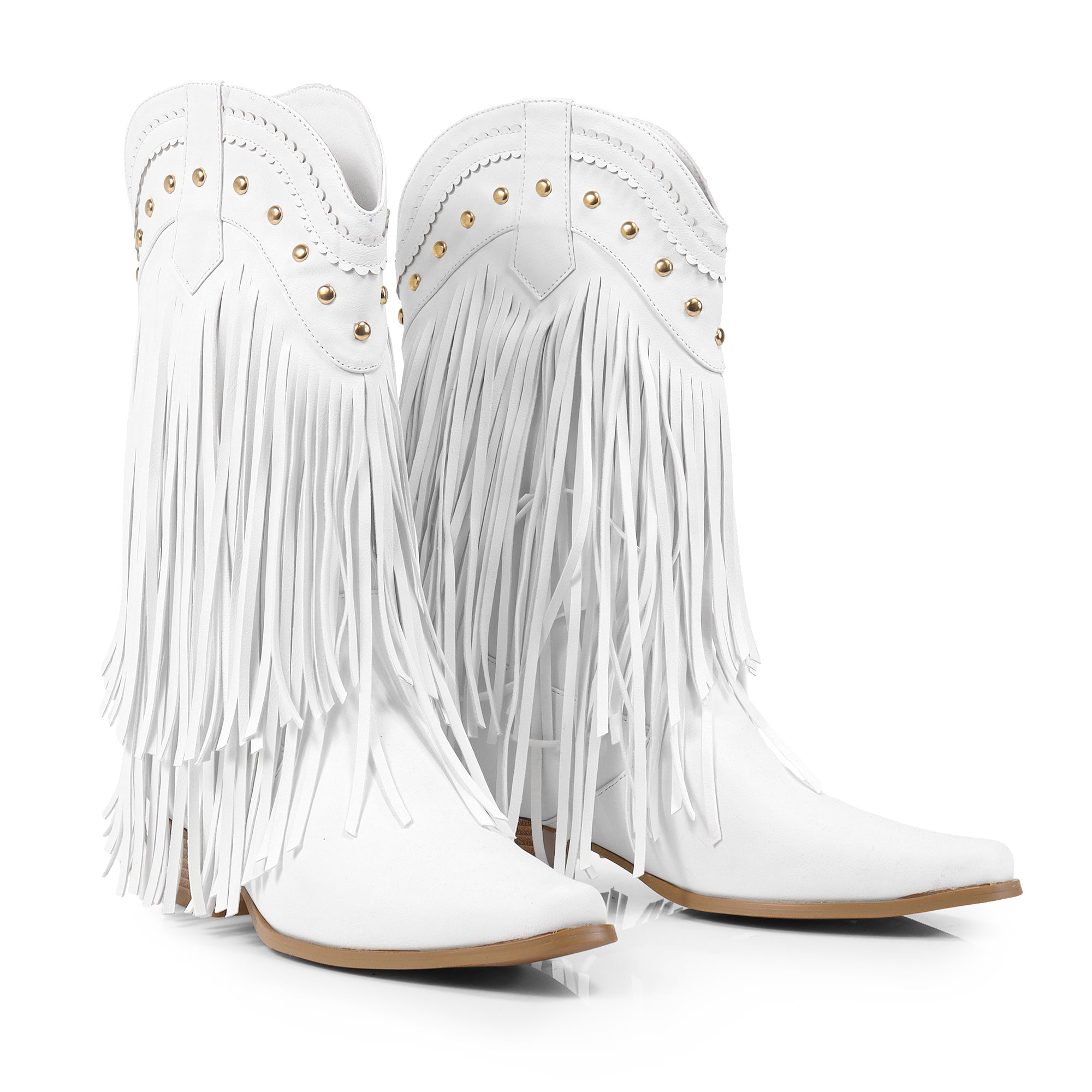 LIZZY-15 STUD FRINGE WESTERN BOOTIE WHITE