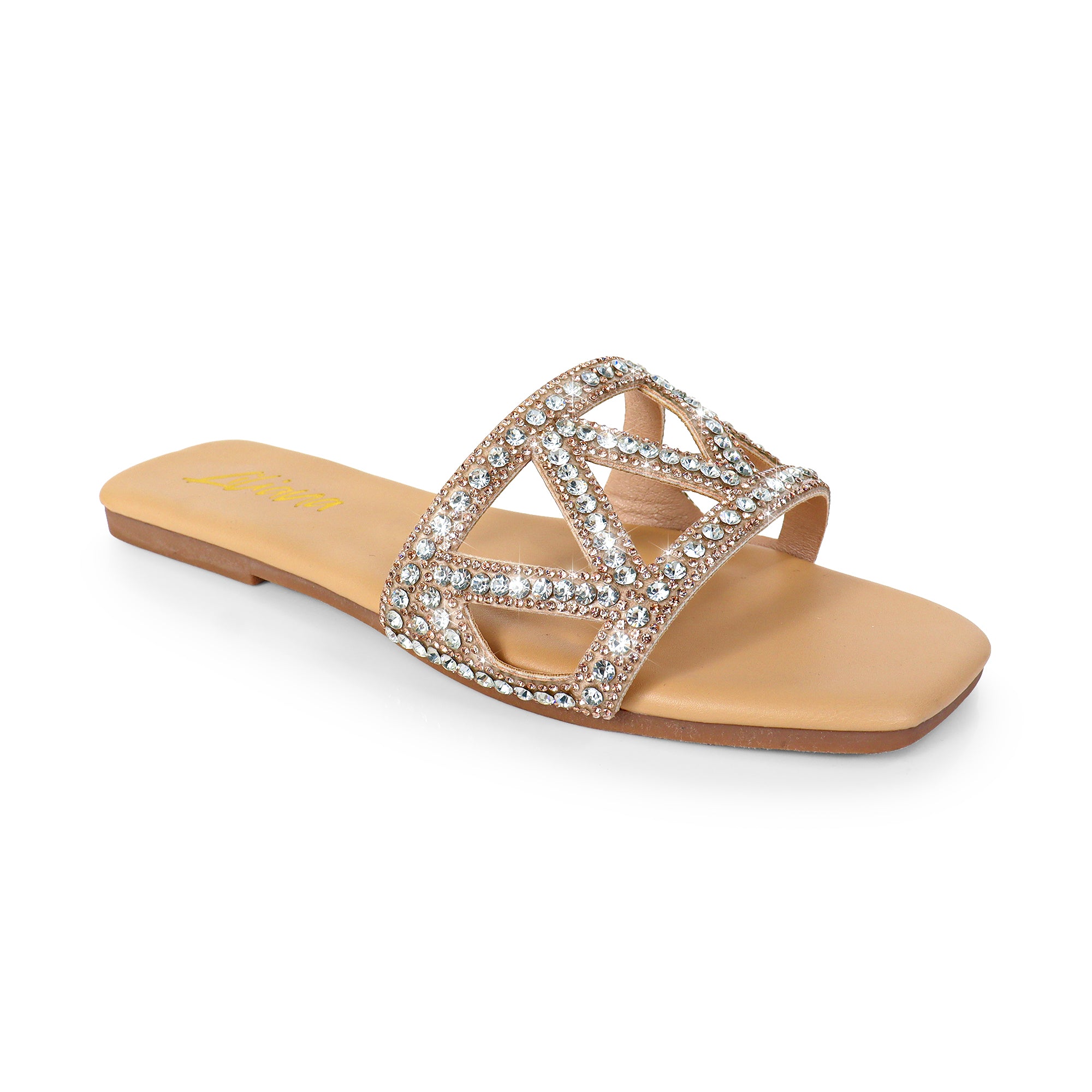 LUCY-3 SQUARE TOE GLAMOROUS RHINSTONE SLIP-ON SANDAL NUDE