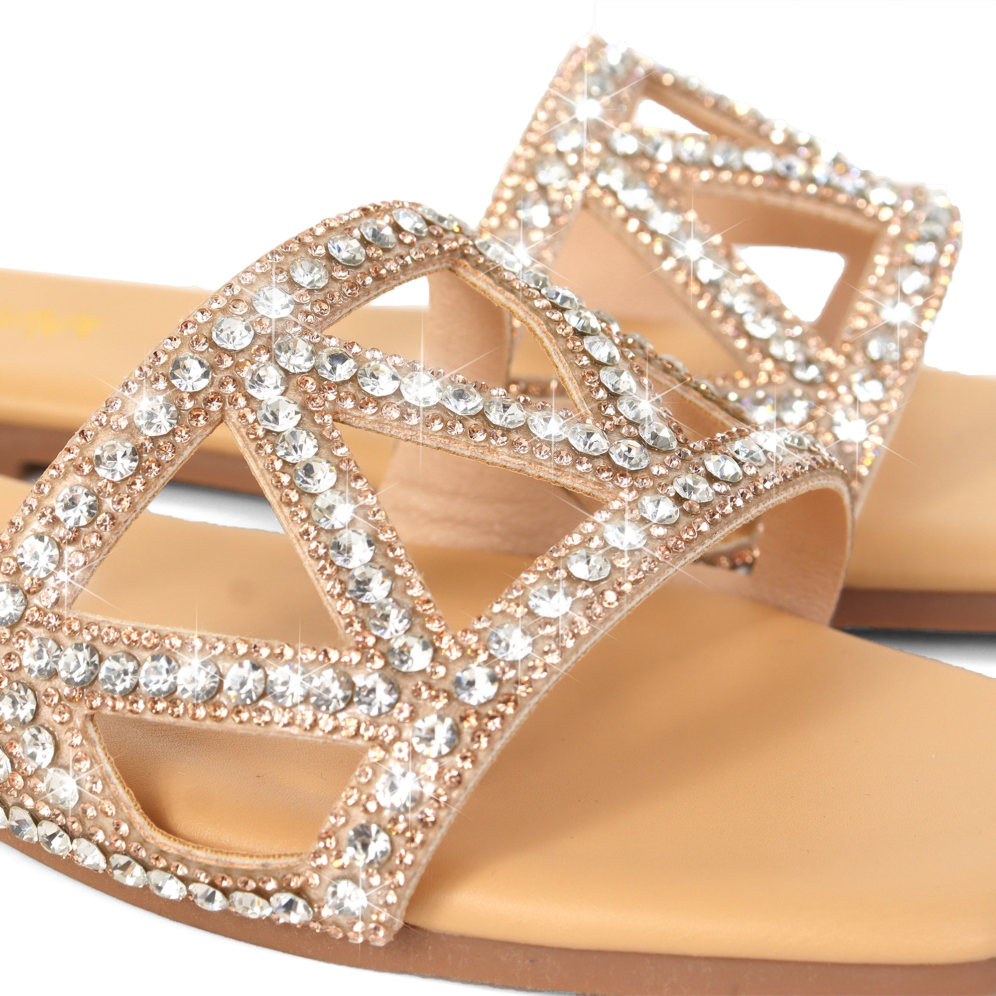 LUCY-3 SQUARE TOE GLAMOROUS RHINSTONE SLIP-ON SANDAL NUDE
