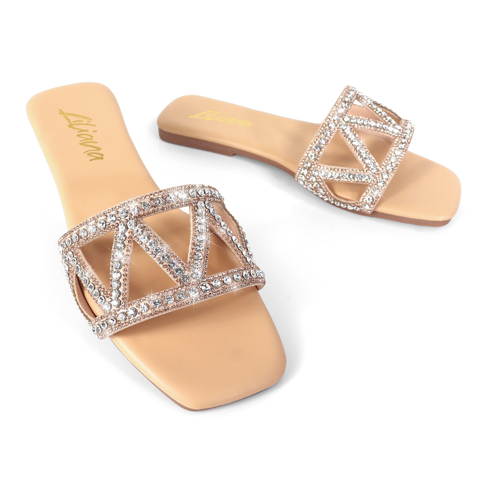 LUCY-3 SQUARE TOE GLAMOROUS RHINSTONE SLIP-ON SANDAL NUDE