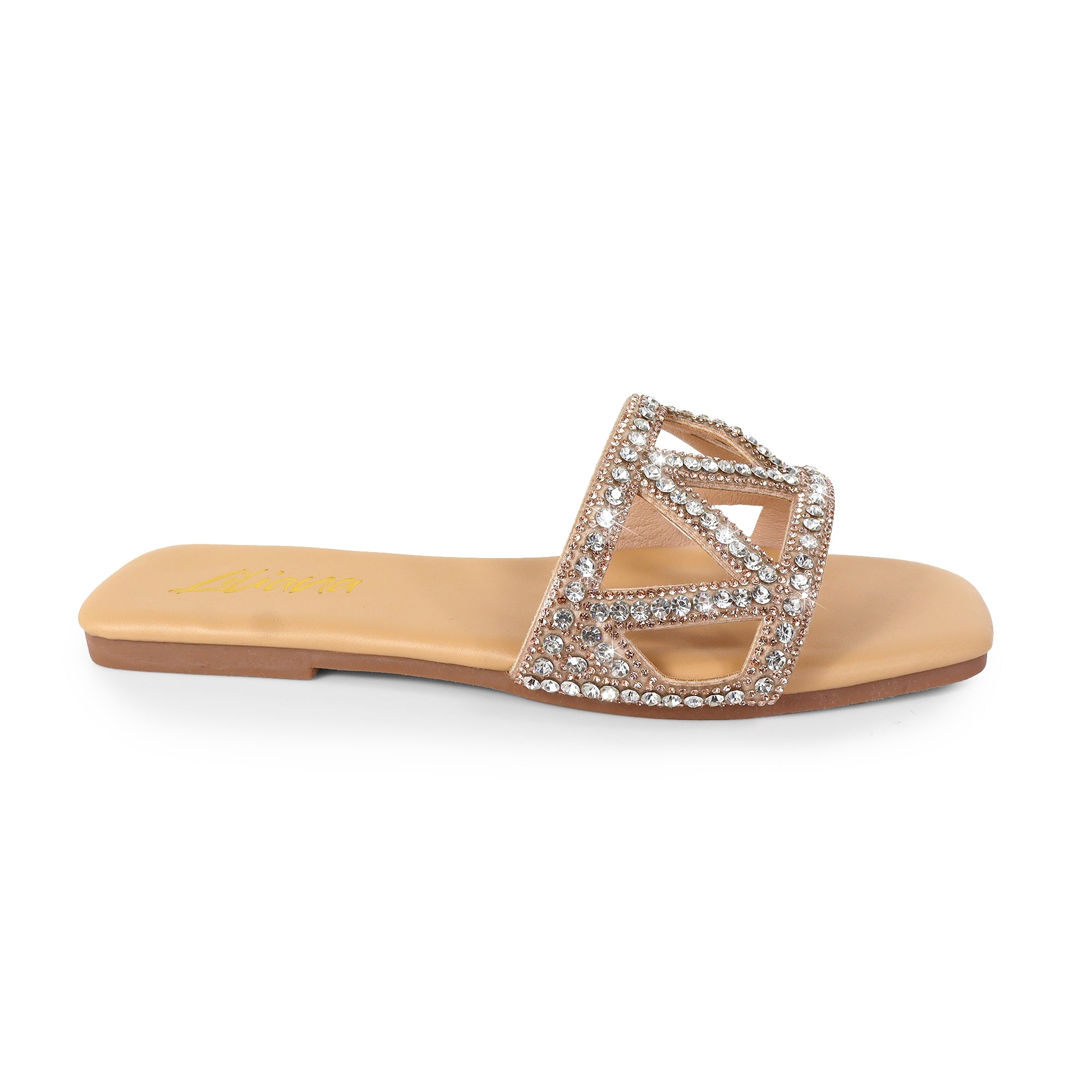 LUCY-3 SQUARE TOE GLAMOROUS RHINSTONE SLIP-ON SANDAL NUDE