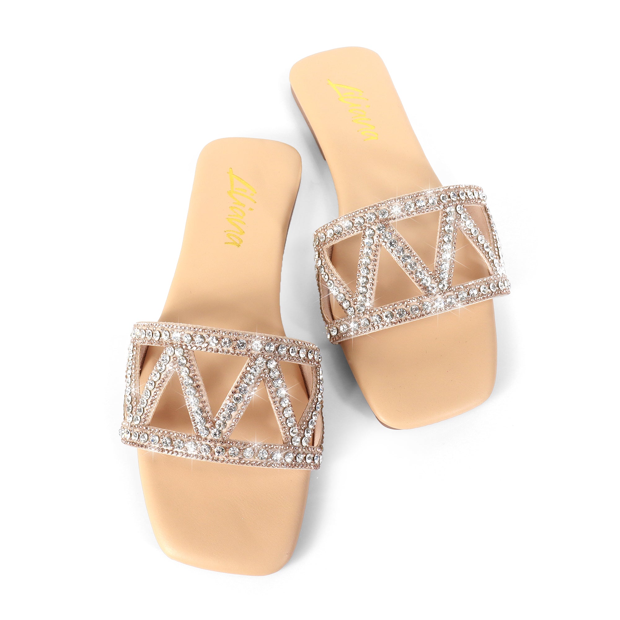 LUCY-3 SQUARE TOE GLAMOROUS RHINSTONE SLIP-ON SANDAL NUDE