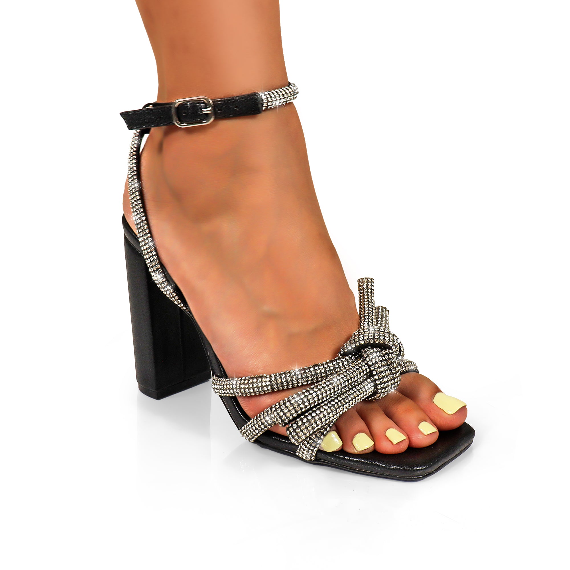 MABLE-58 SQUARE TOE RHINESTONE KNOT ANKLE STRAP WITH/ HEEL BLACK