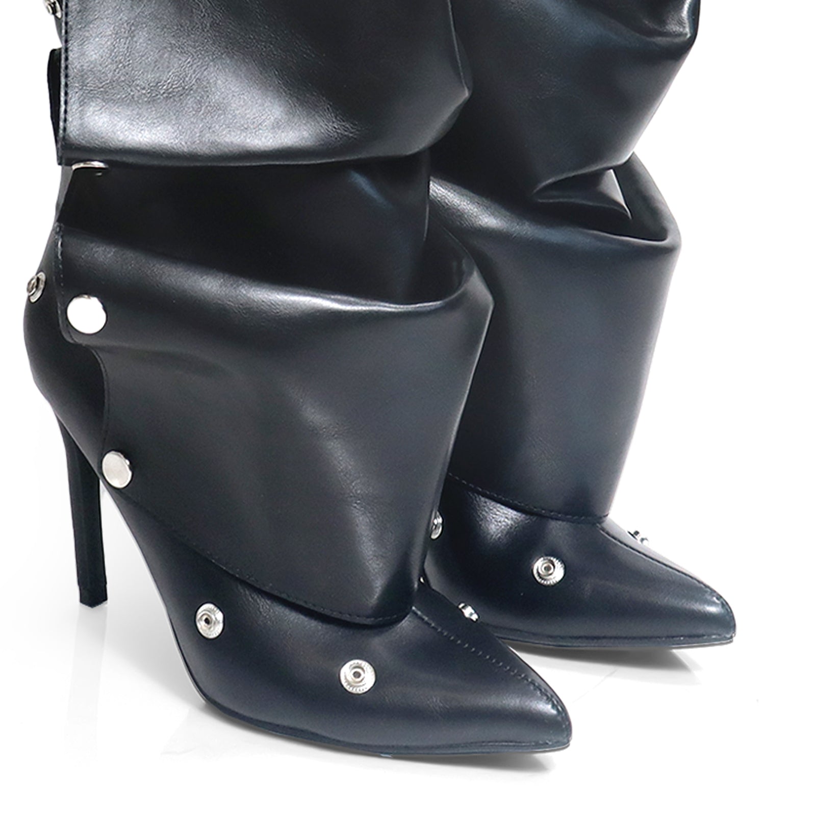 MAGE-1 POINTED TOE PRESS STUD KNEE-HIGH BOOTS W/ STILETTO HEEL BLACK
