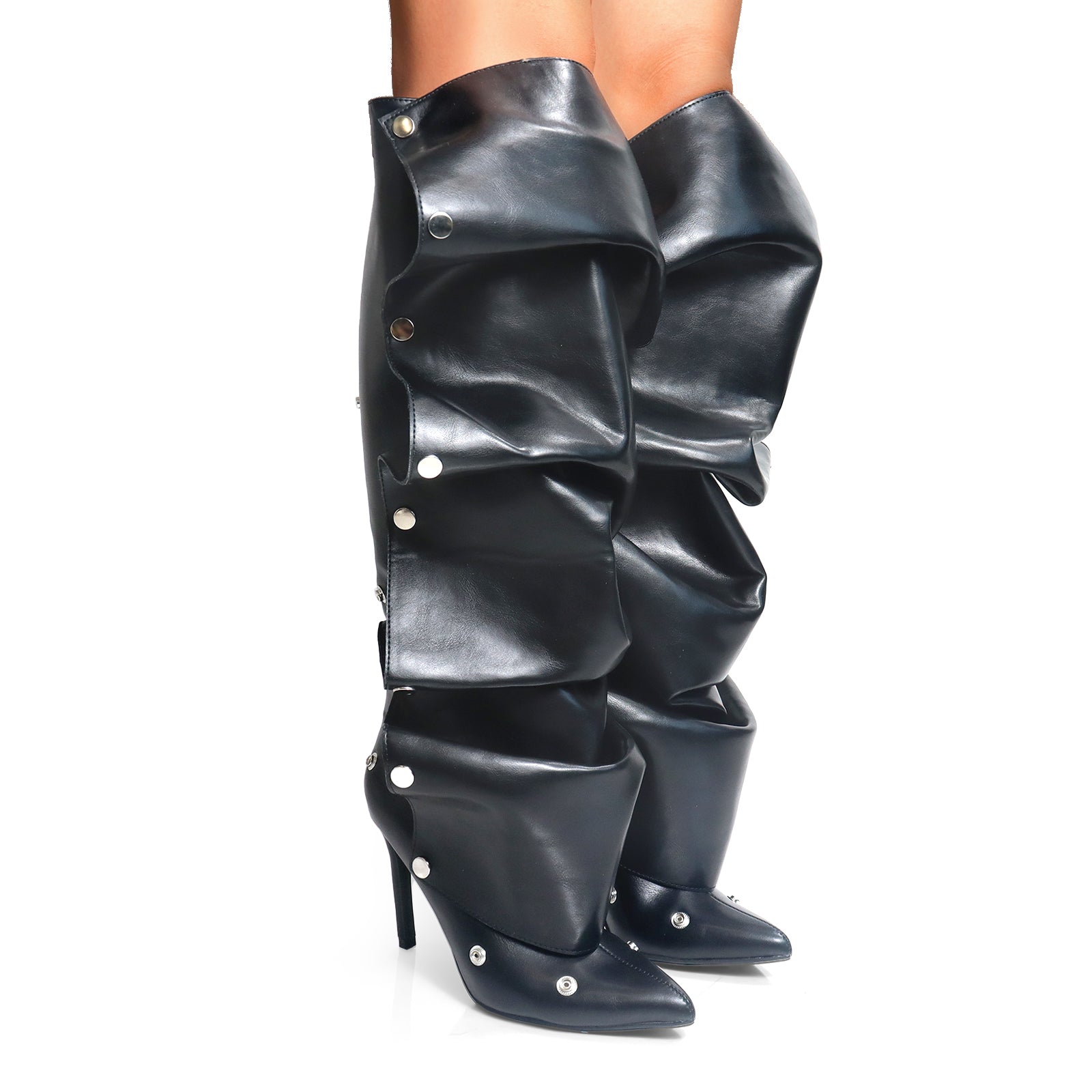 MAGE-1 POINTED TOE PRESS STUD KNEE-HIGH BOOTS W/ STILETTO HEEL BLACK