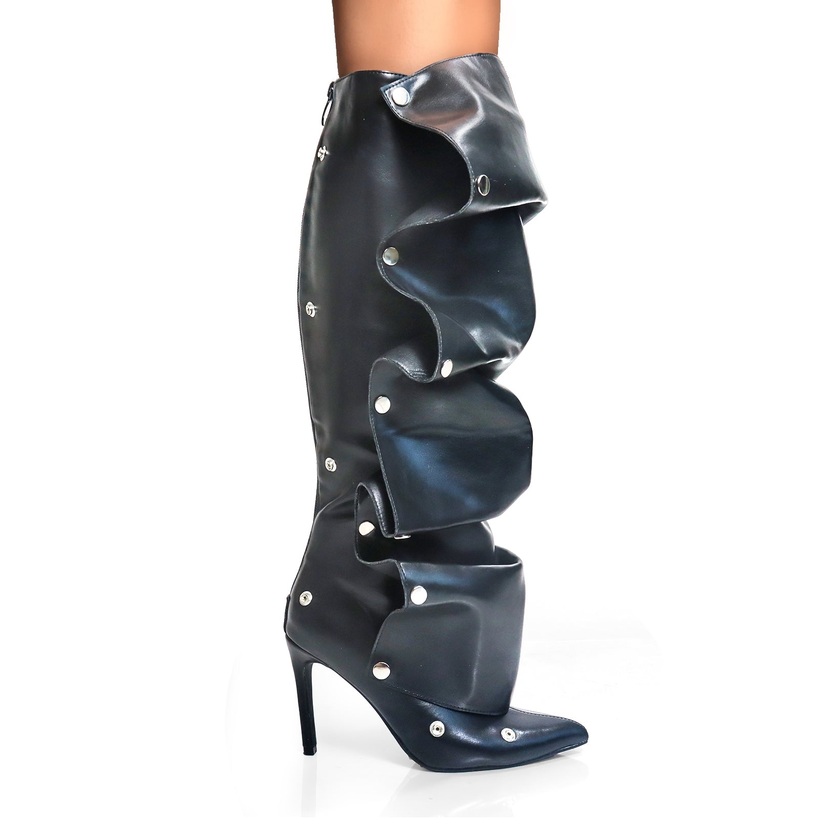 MAGE-1 POINTED TOE PRESS STUD KNEE-HIGH BOOTS W/ STILETTO HEEL BLACK