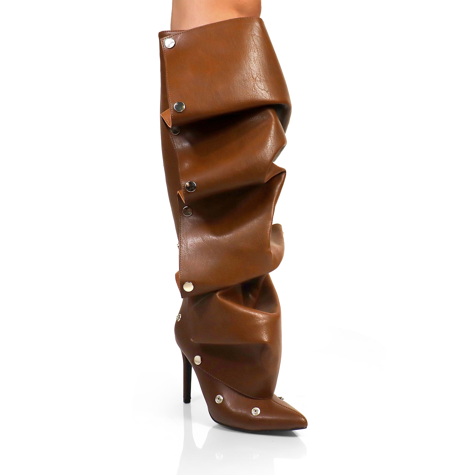 MAGE-1 POINTED TOE PRESS STUD KNEE-HIGH BOOTS W/ STILETTO HEEL BROWN