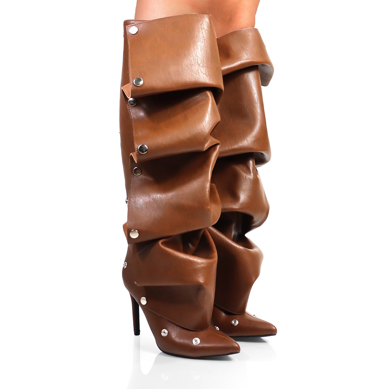 MAGE-1 POINTED TOE PRESS STUD KNEE-HIGH BOOTS W/ STILETTO HEEL BROWN