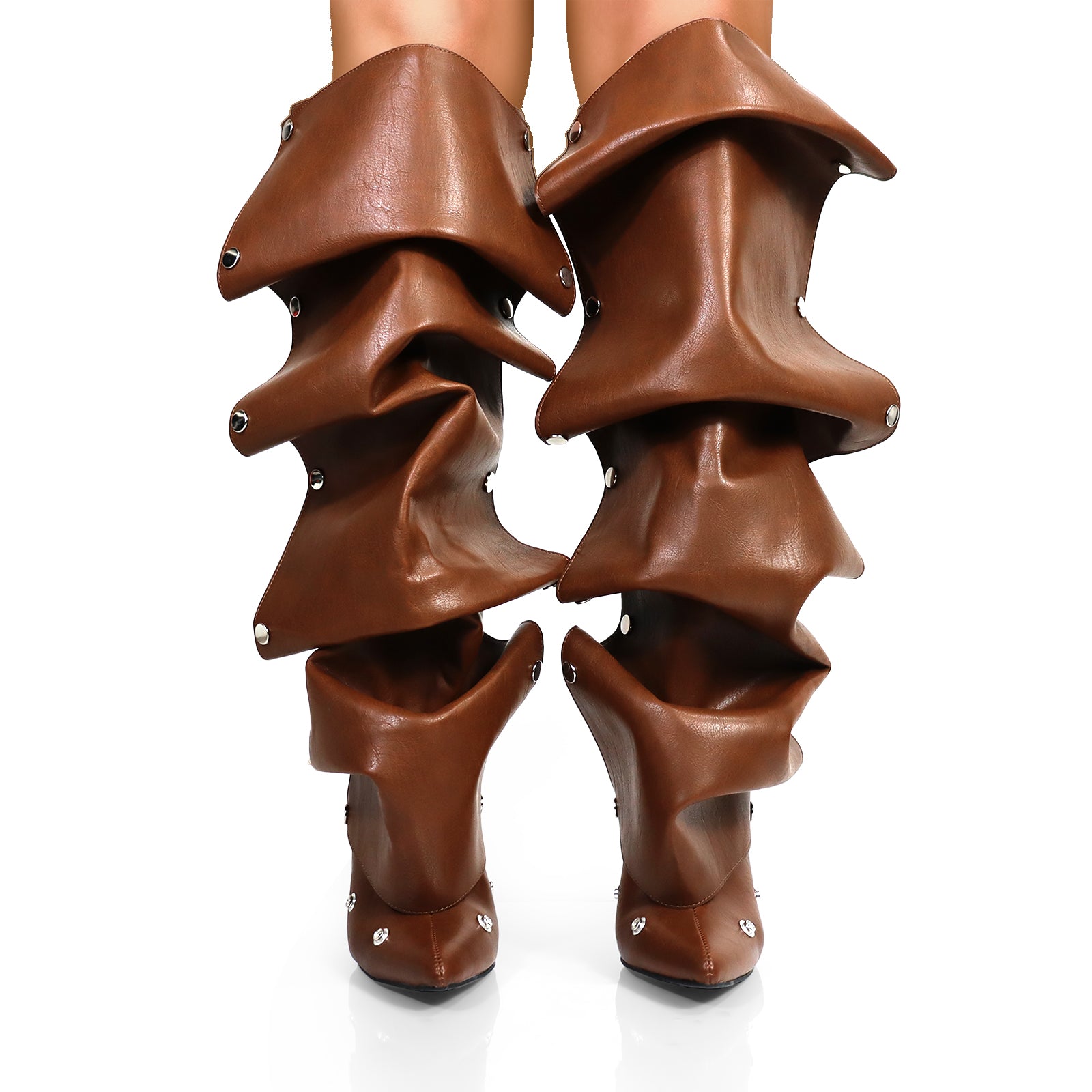 MAGE-1 POINTED TOE PRESS STUD KNEE-HIGH BOOTS W/ STILETTO HEEL BROWN