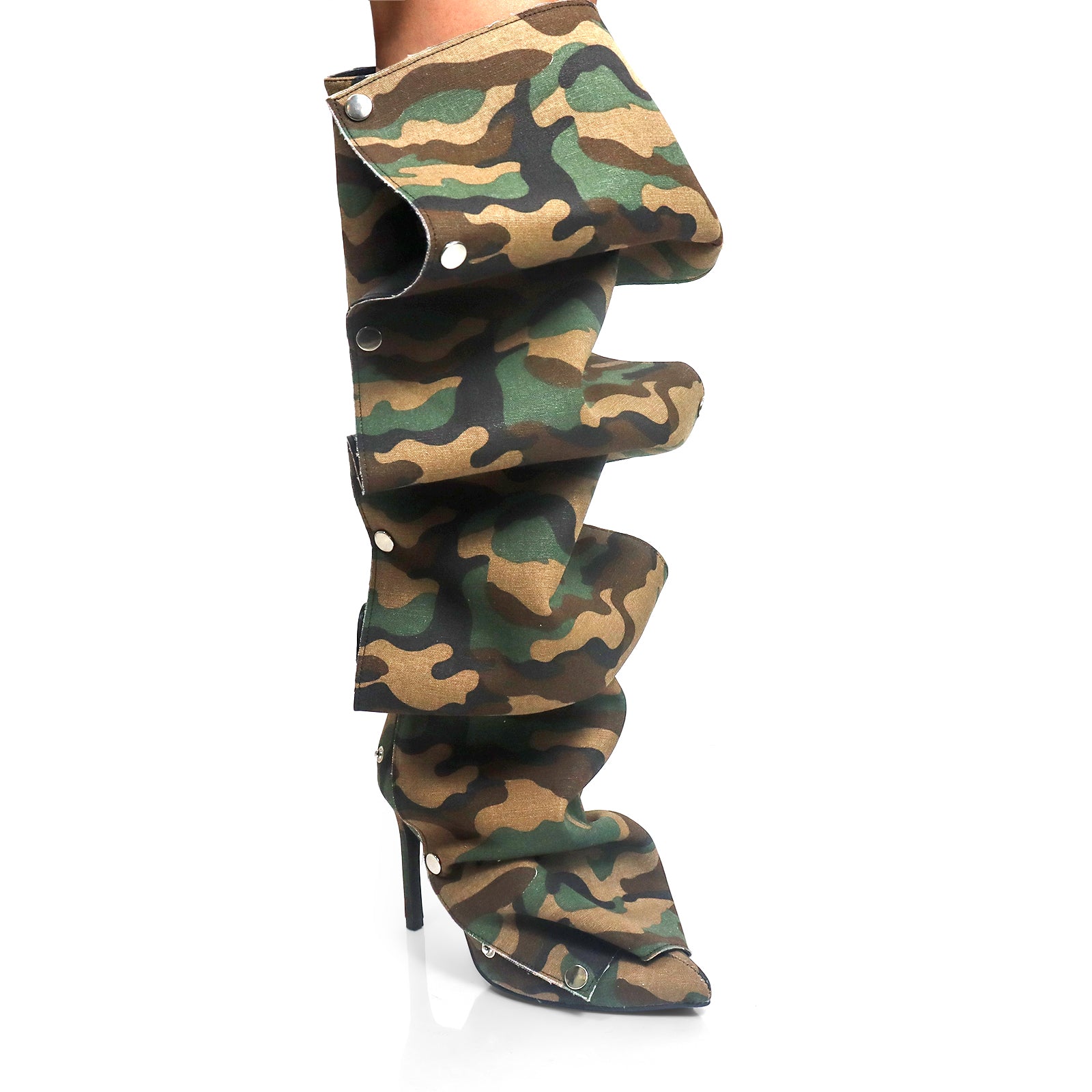 MAGE-1 POINTED TOE PRESS STUD KNEE-HIGH BOOTS W/ STILETTO HEEL CAMOUFLAGE