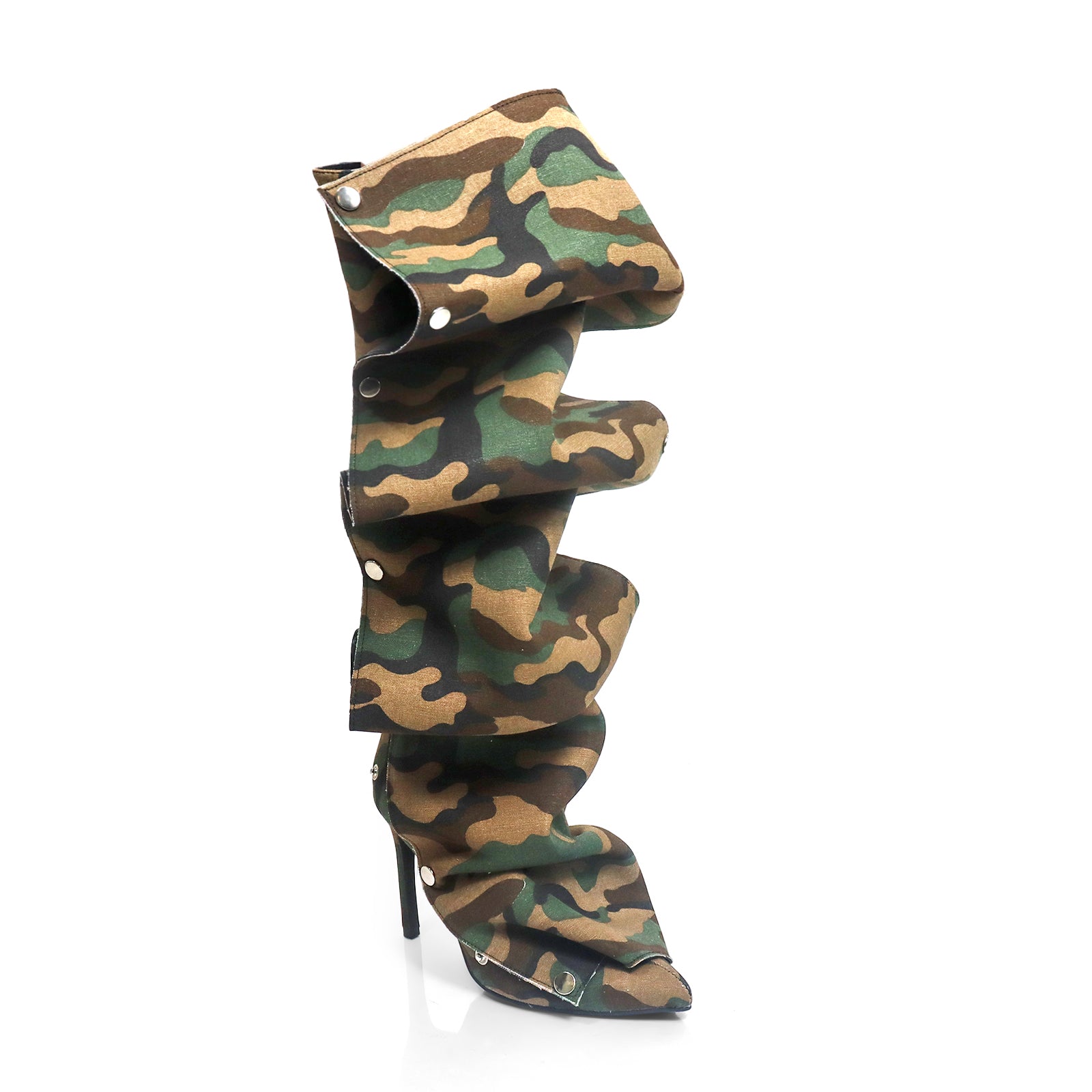 MAGE-1 POINTED TOE PRESS STUD KNEE-HIGH BOOTS W/ STILETTO HEEL CAMOUFLAGE