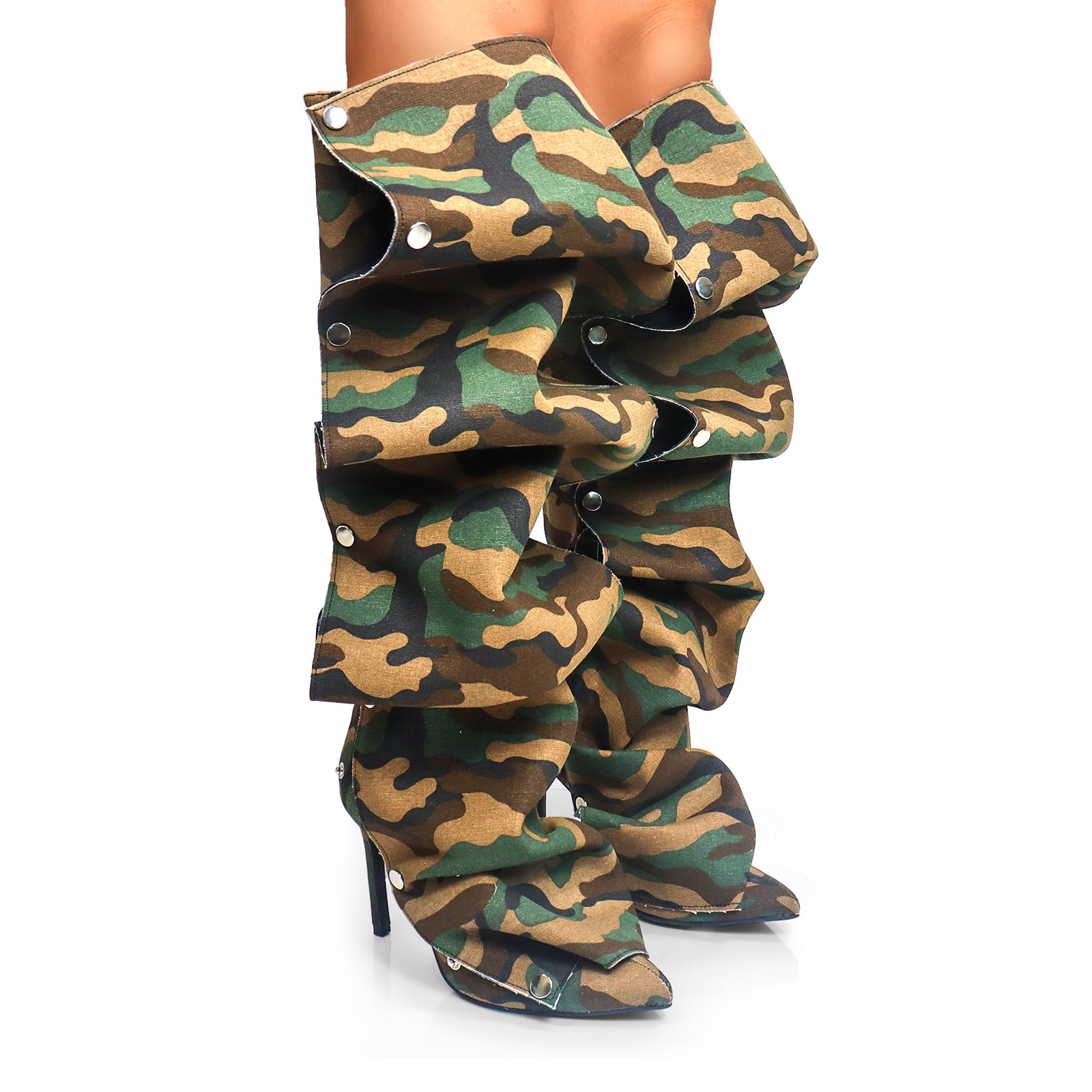 MAGE-1 POINTED TOE PRESS STUD KNEE-HIGH BOOTS W/ STILETTO HEEL CAMOUFLAGE