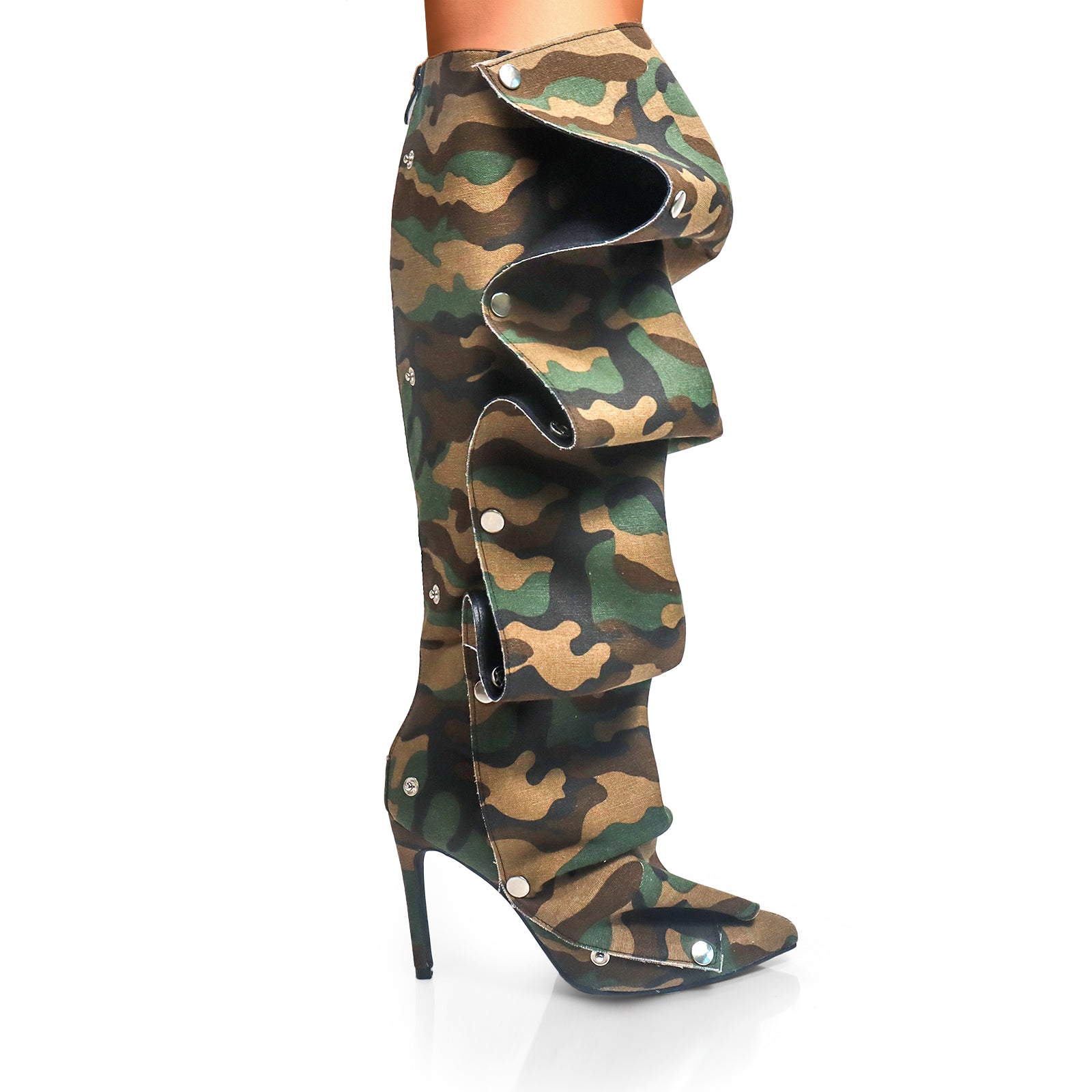 MAGE-1 POINTED TOE PRESS STUD KNEE-HIGH BOOTS W/ STILETTO HEEL CAMOUFLAGE