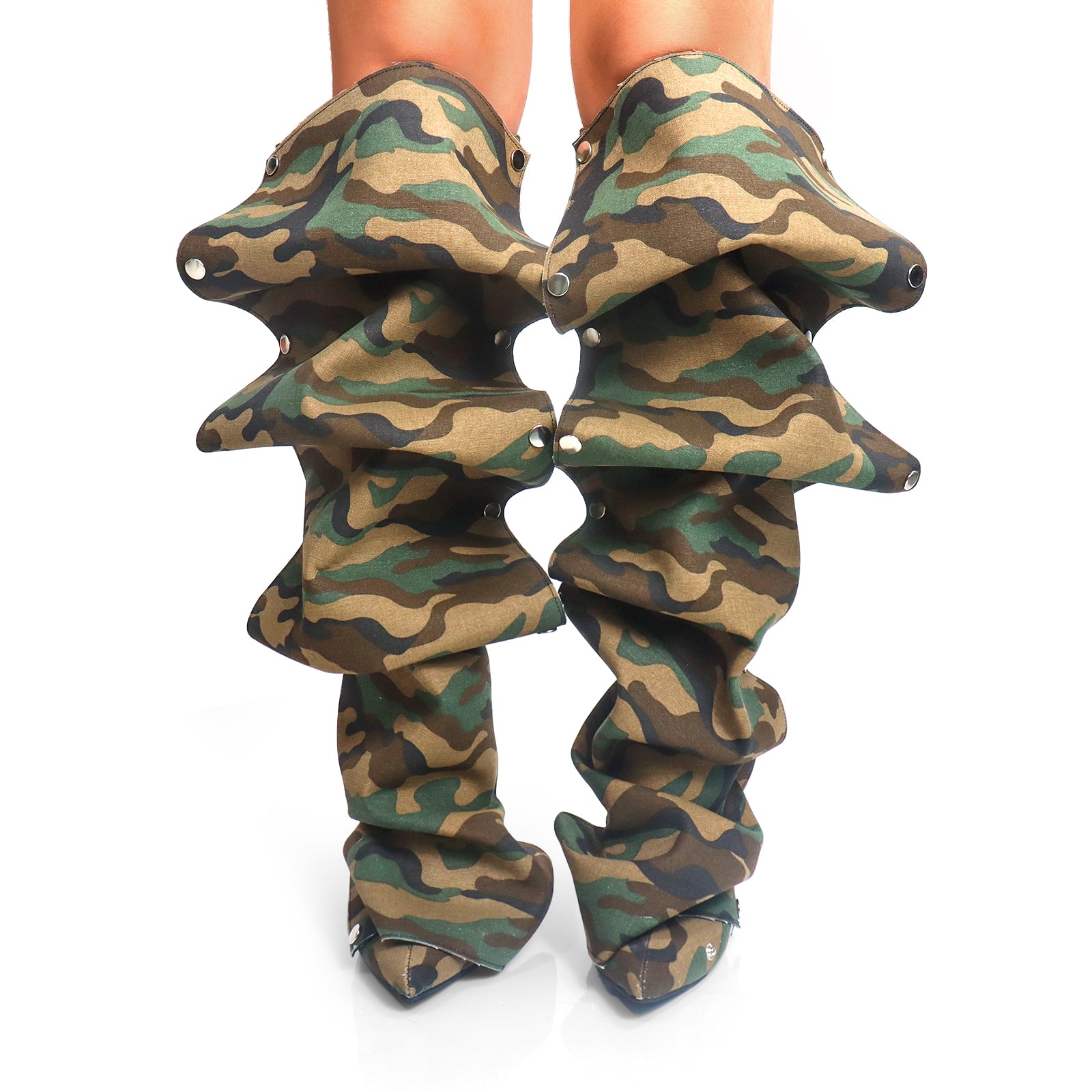 MAGE-1 POINTED TOE PRESS STUD KNEE-HIGH BOOTS W/ STILETTO HEEL CAMOUFLAGE