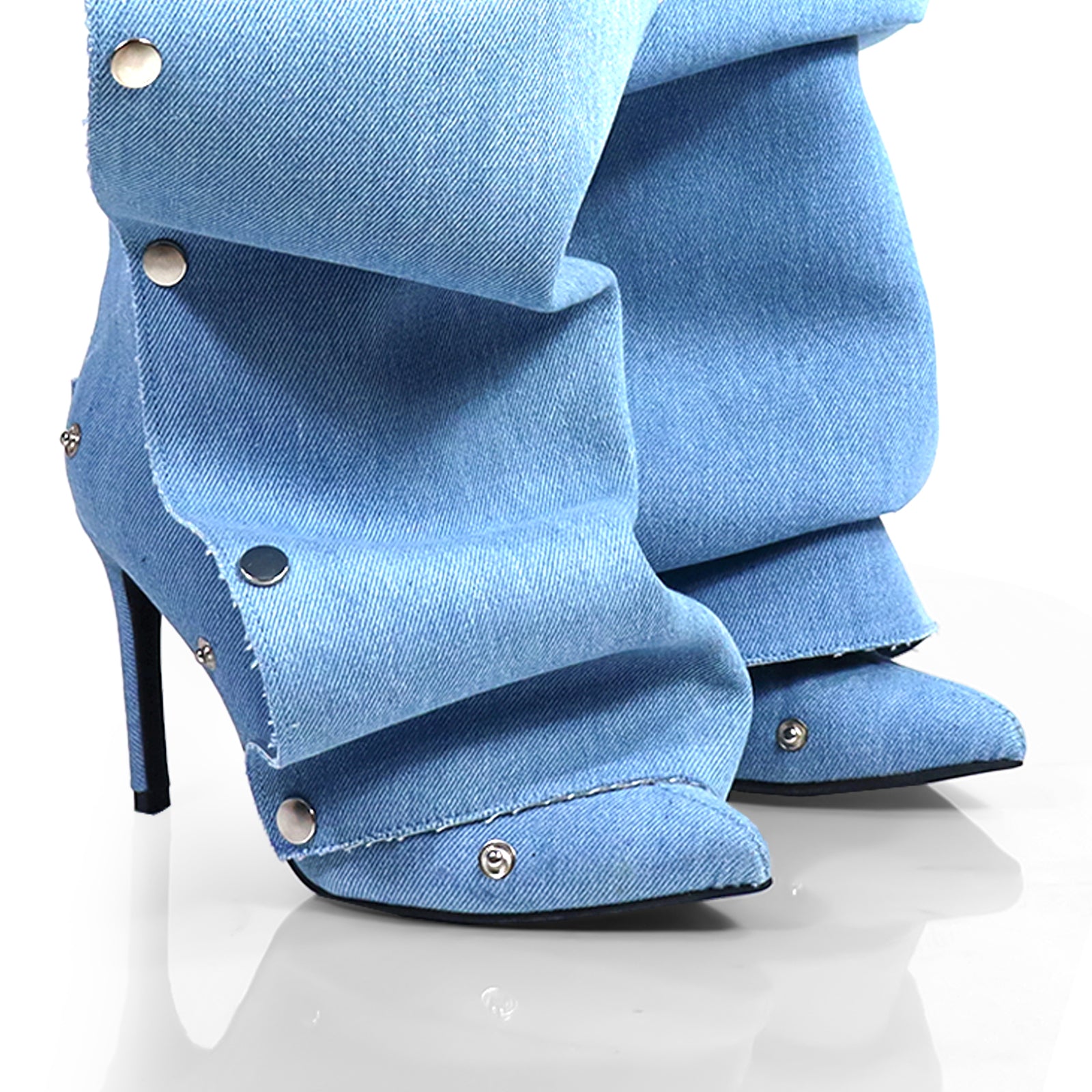 MAGE-1 POINTED TOE PRESS STUD KNEE-HIGH BOOTS W/ STILETTO HEEL DENIM