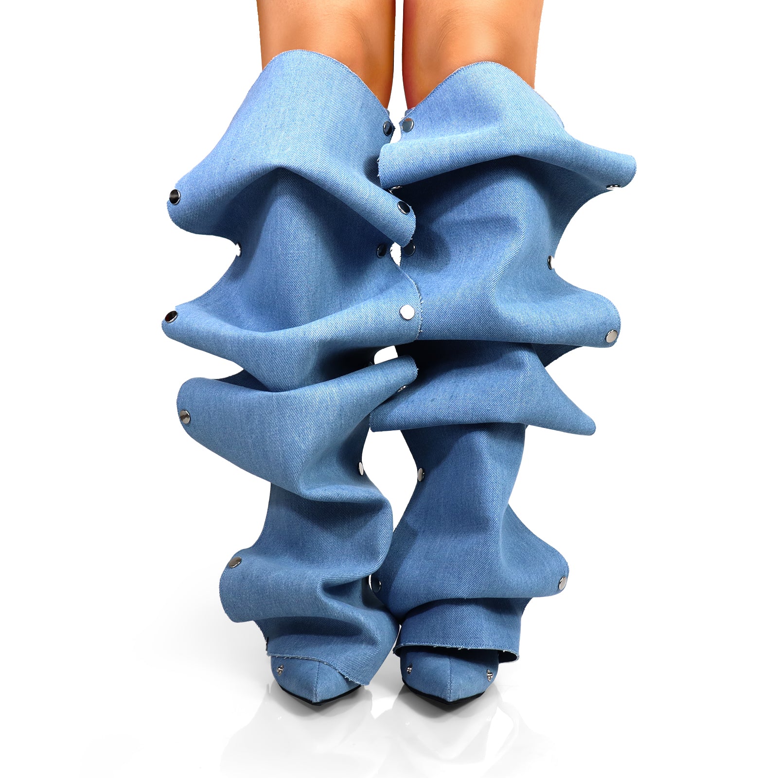 MAGE-1 POINTED TOE PRESS STUD KNEE-HIGH BOOTS W/ STILETTO HEEL DENIM