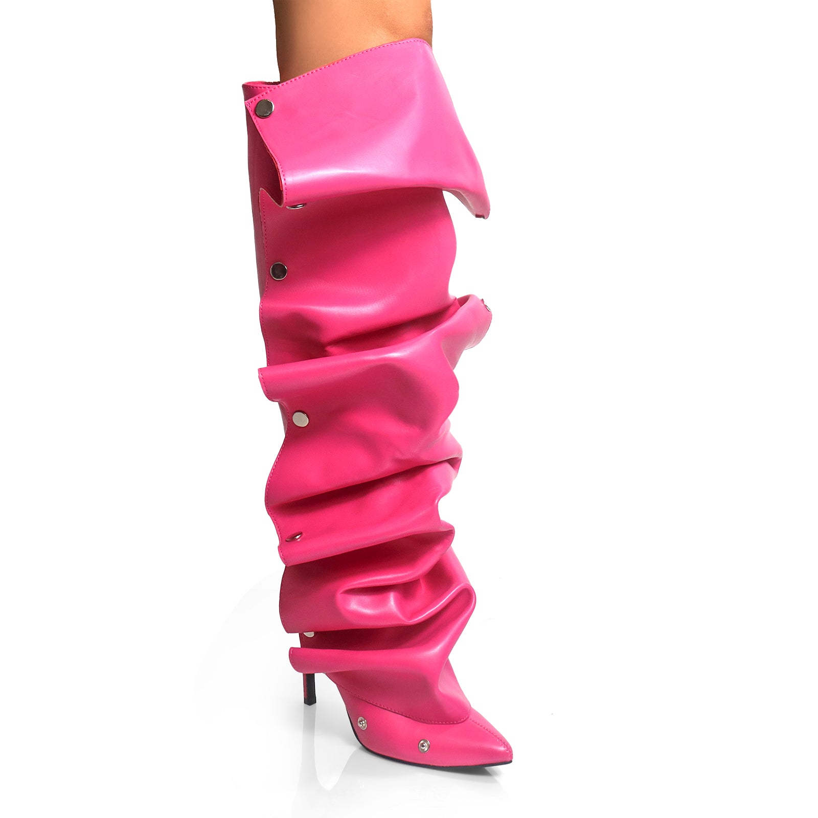 MAGE-1 POINTED TOE PRESS STUD KNEE-HIGH BOOTS W/ STILETTO HEEL FUCHSIA