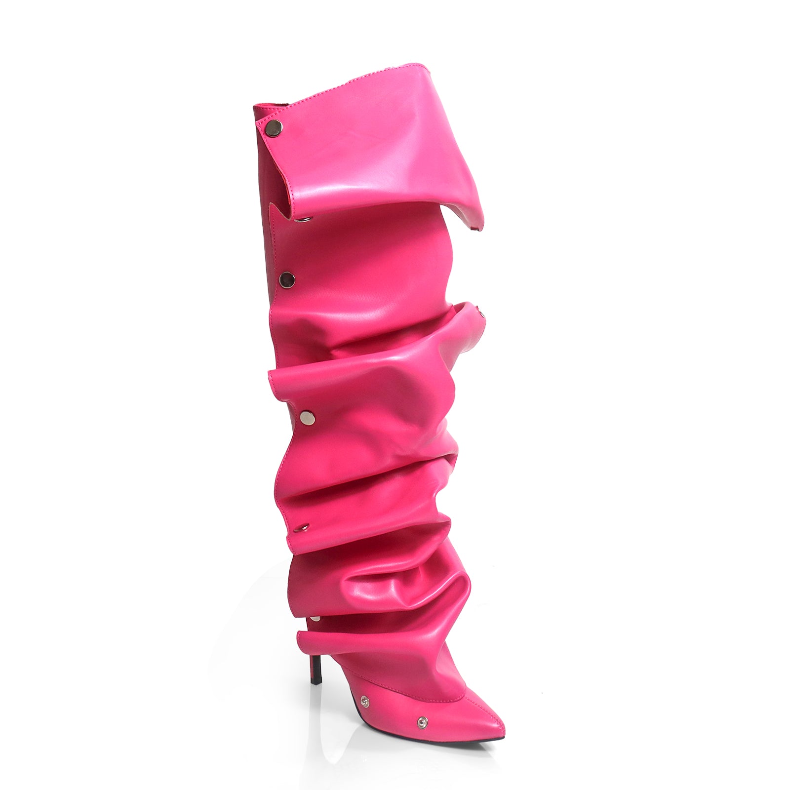 MAGE-1 POINTED TOE PRESS STUD KNEE-HIGH BOOTS W/ STILETTO HEEL FUCHSIA