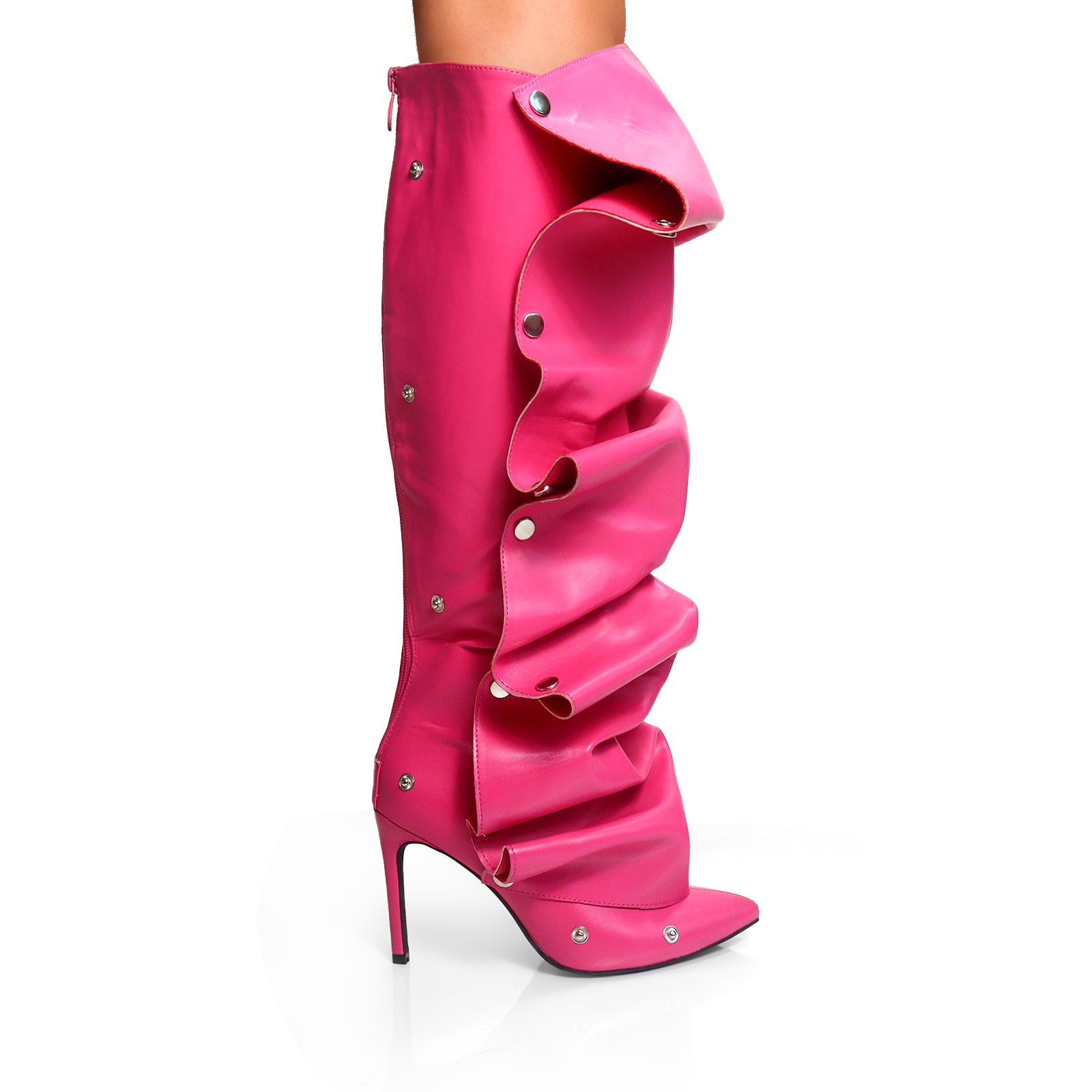 MAGE-1 POINTED TOE PRESS STUD KNEE-HIGH BOOTS W/ STILETTO HEEL FUCHSIA