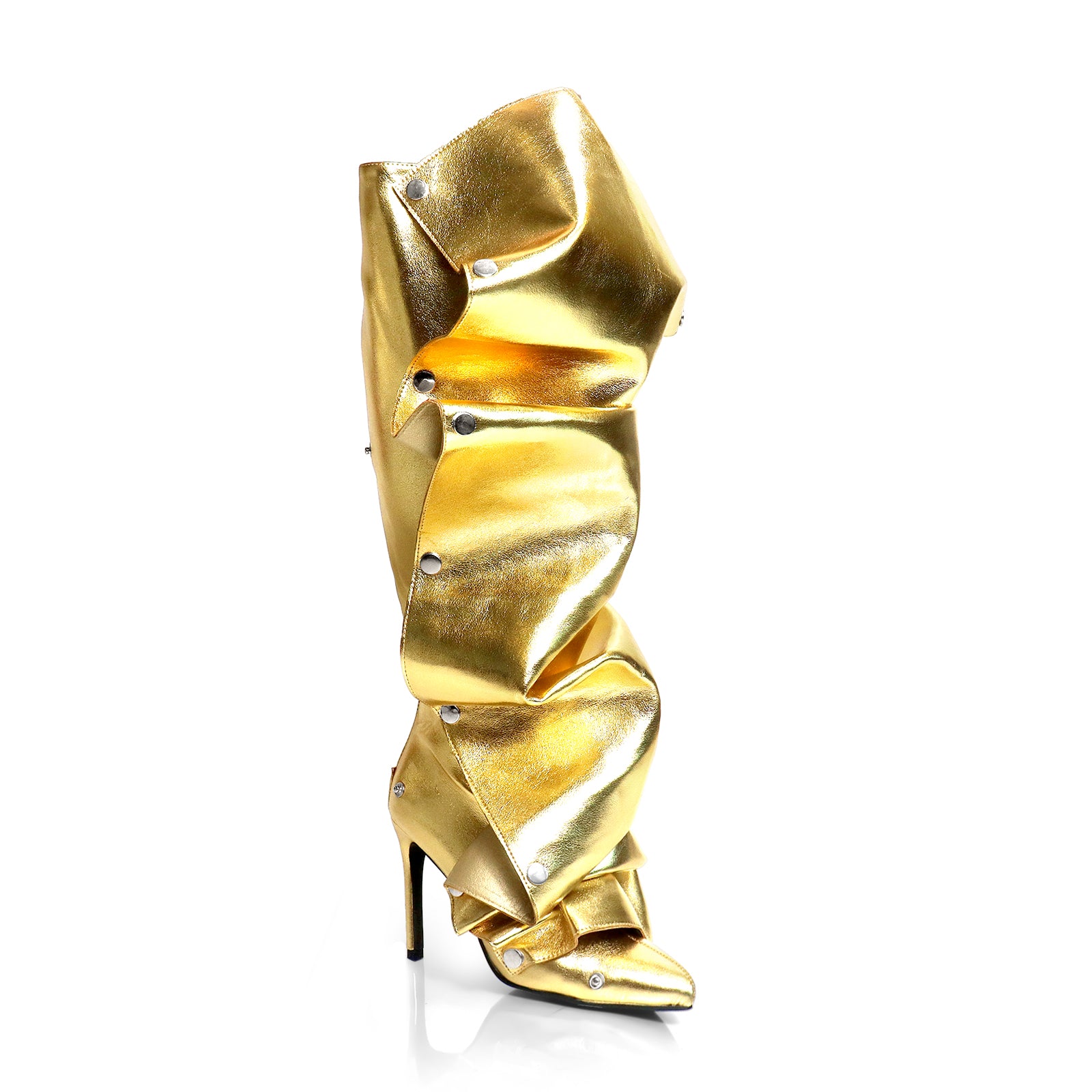 MAGE-1 POINTED TOE PRESS STUD KNEE-HIGH BOOTS W/ STILETTO HEEL GOLD