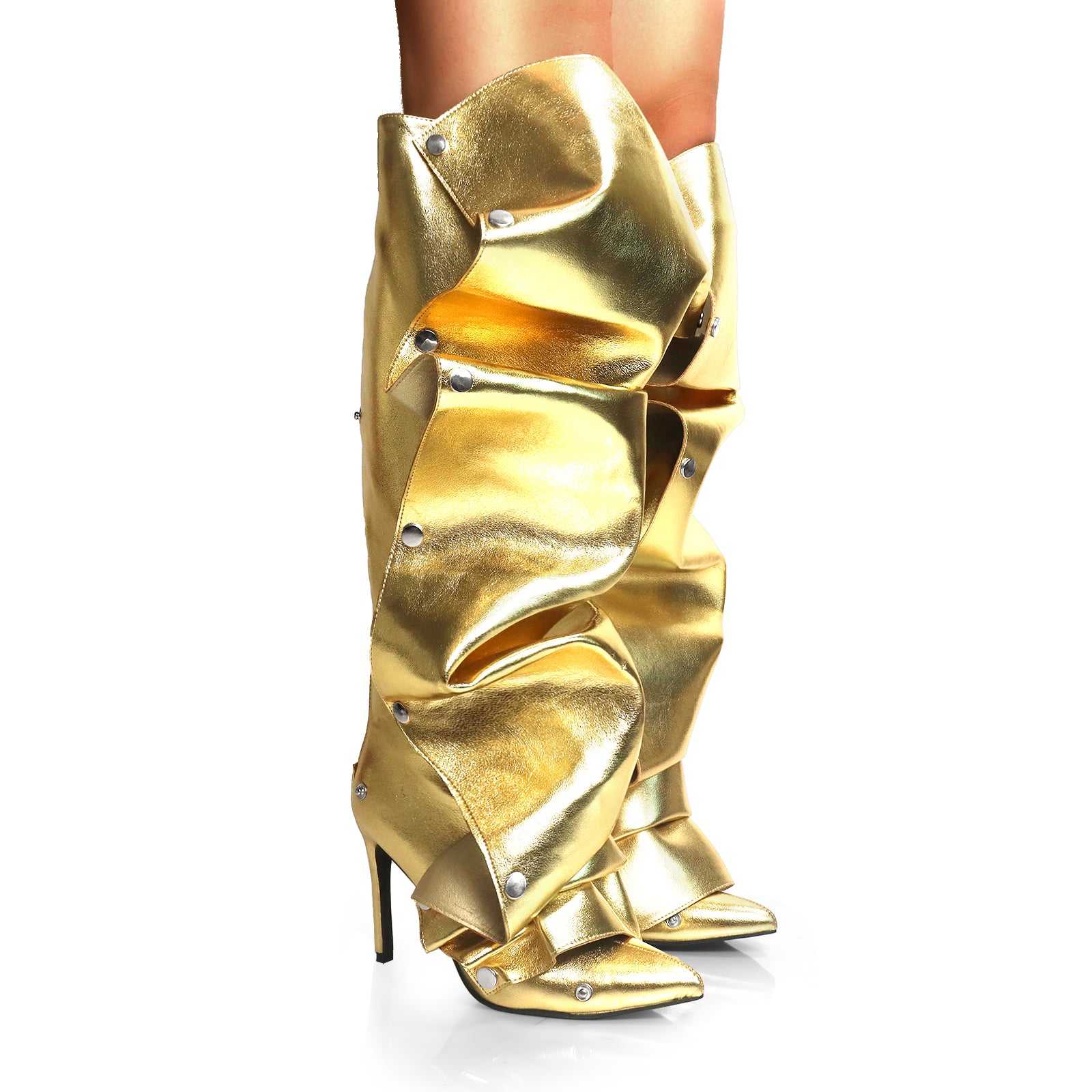 MAGE-1 POINTED TOE PRESS STUD KNEE-HIGH BOOTS W/ STILETTO HEEL GOLD