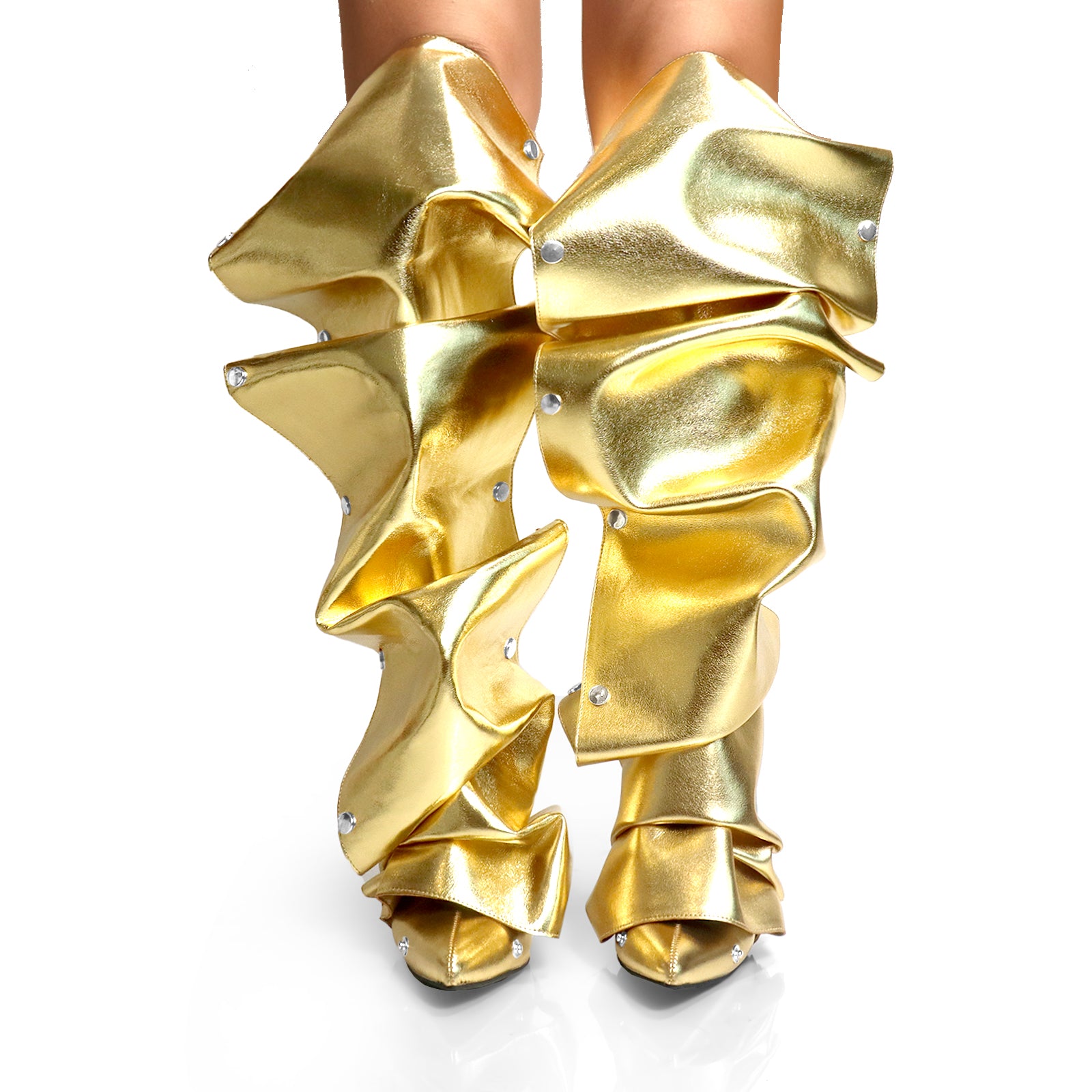 MAGE-1 POINTED TOE PRESS STUD KNEE-HIGH BOOTS W/ STILETTO HEEL GOLD