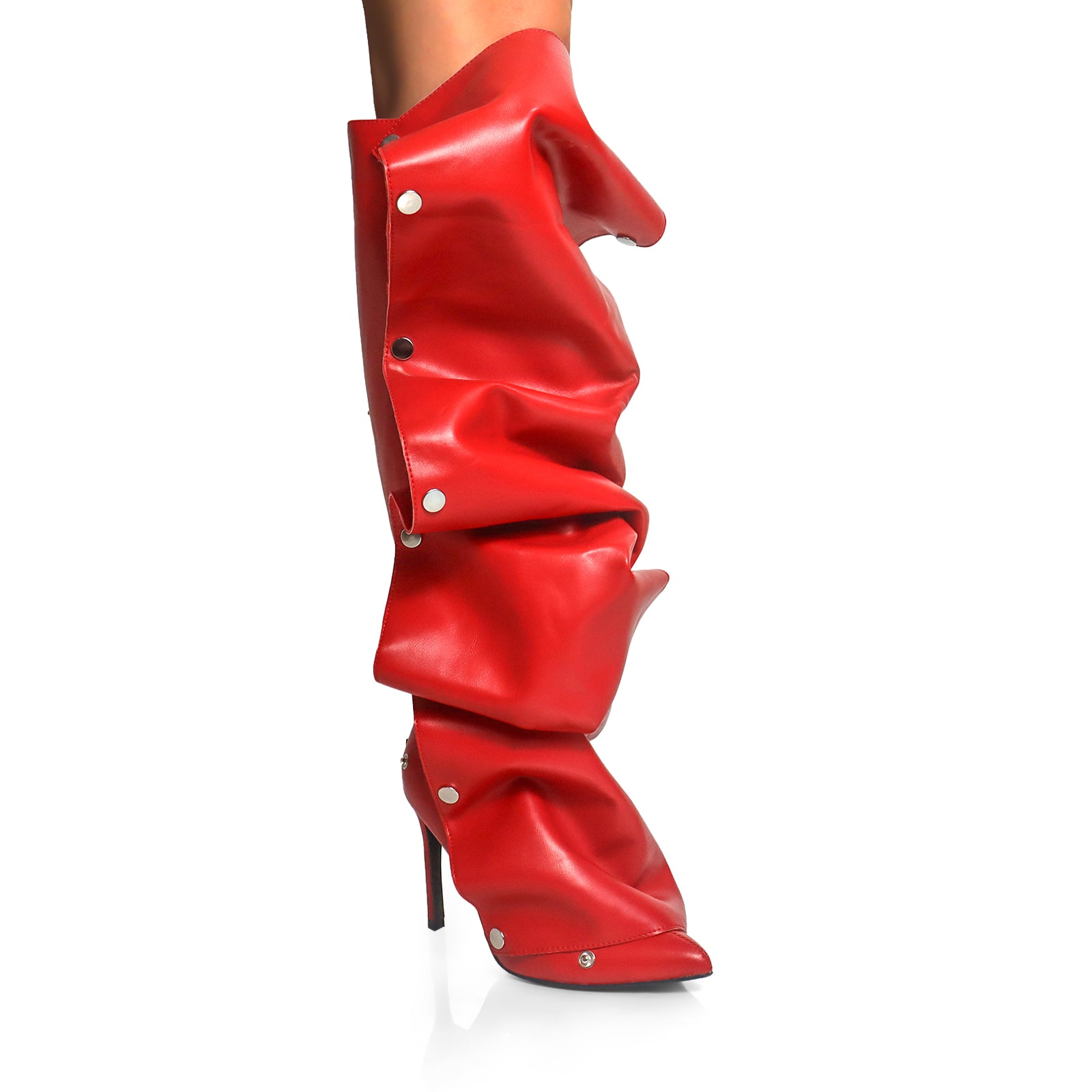 MAGE-1 POINTED TOE PRESS STUD KNEE-HIGH BOOTS W/ STILETTO HEEL RED