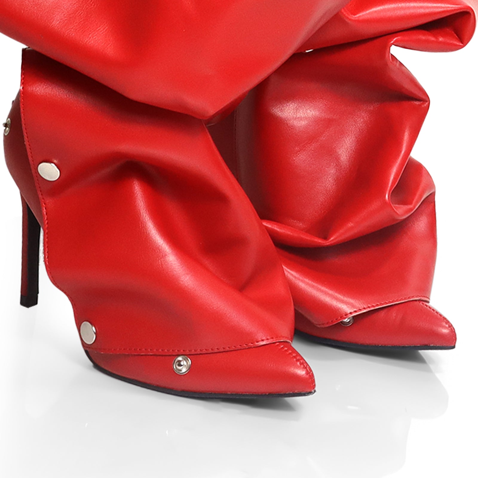 MAGE-1 POINTED TOE PRESS STUD KNEE-HIGH BOOTS W/ STILETTO HEEL RED