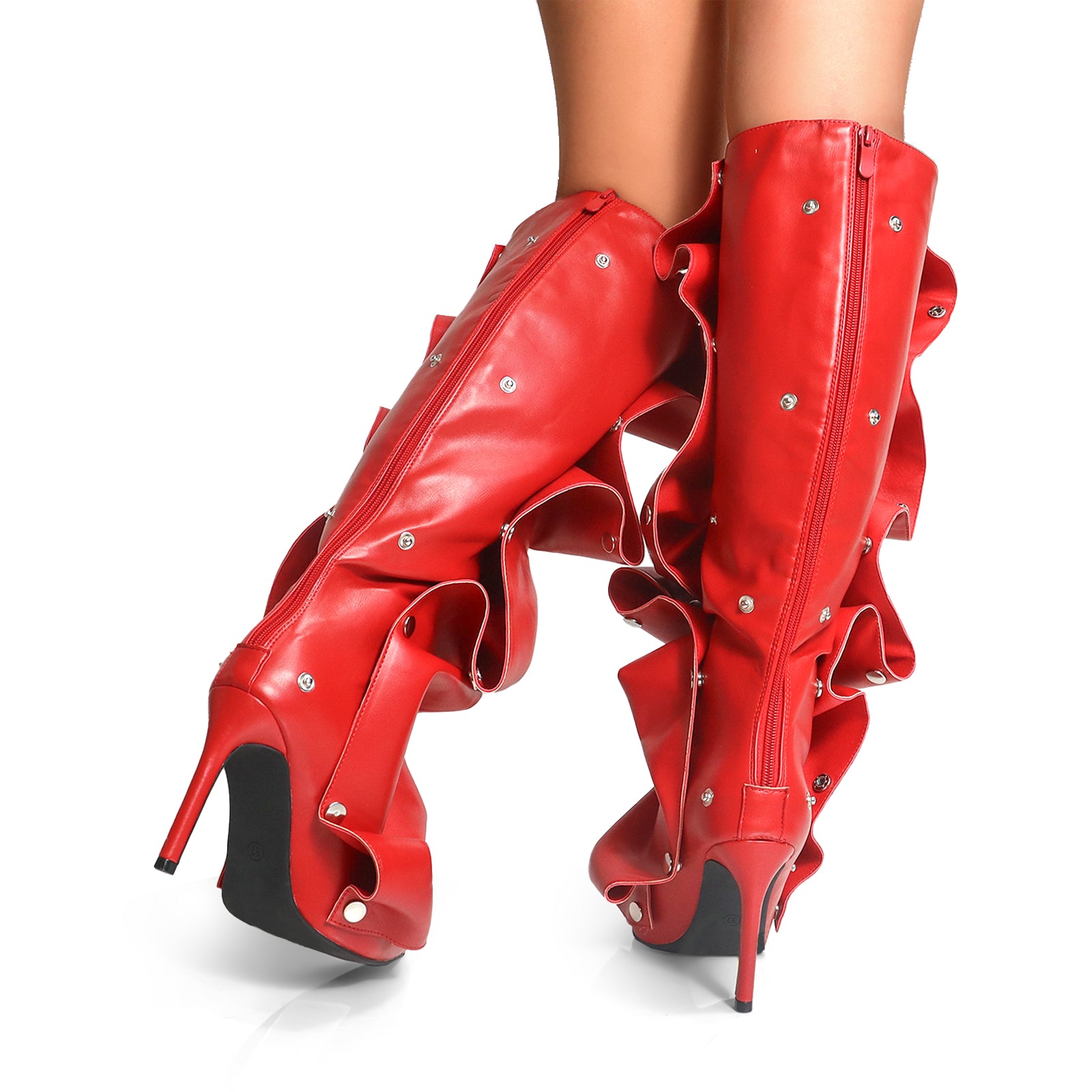 MAGE-1 POINTED TOE PRESS STUD KNEE-HIGH BOOTS W/ STILETTO HEEL RED