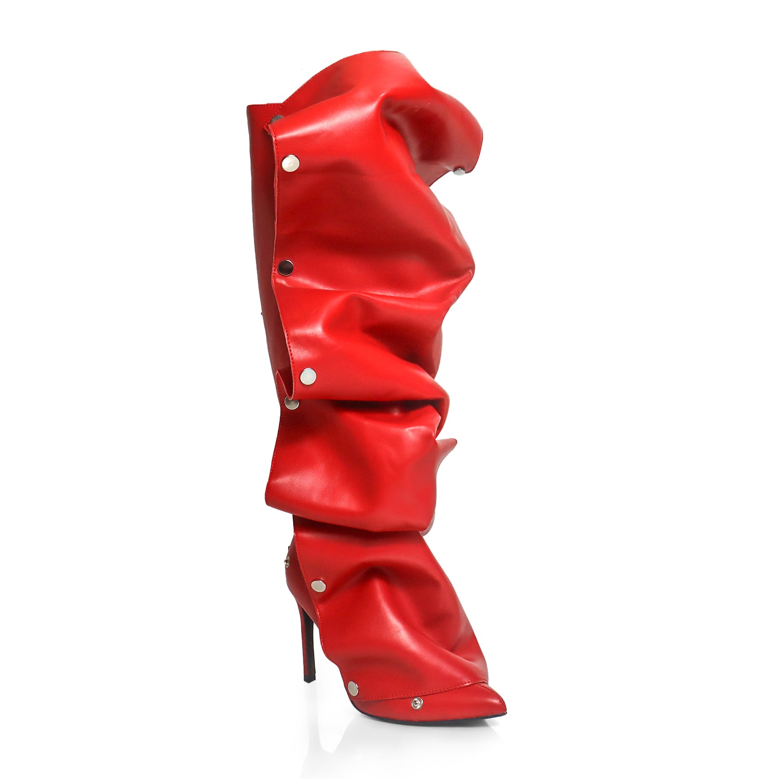 MAGE-1 POINTED TOE PRESS STUD KNEE-HIGH BOOTS W/ STILETTO HEEL RED