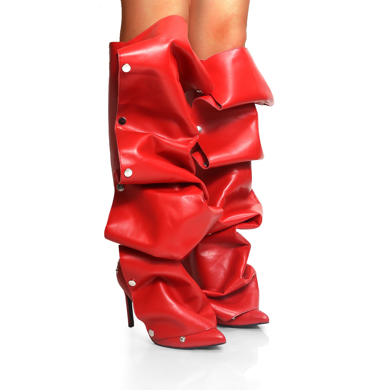 MAGE-1 POINTED TOE PRESS STUD KNEE-HIGH BOOTS W/ STILETTO HEEL RED