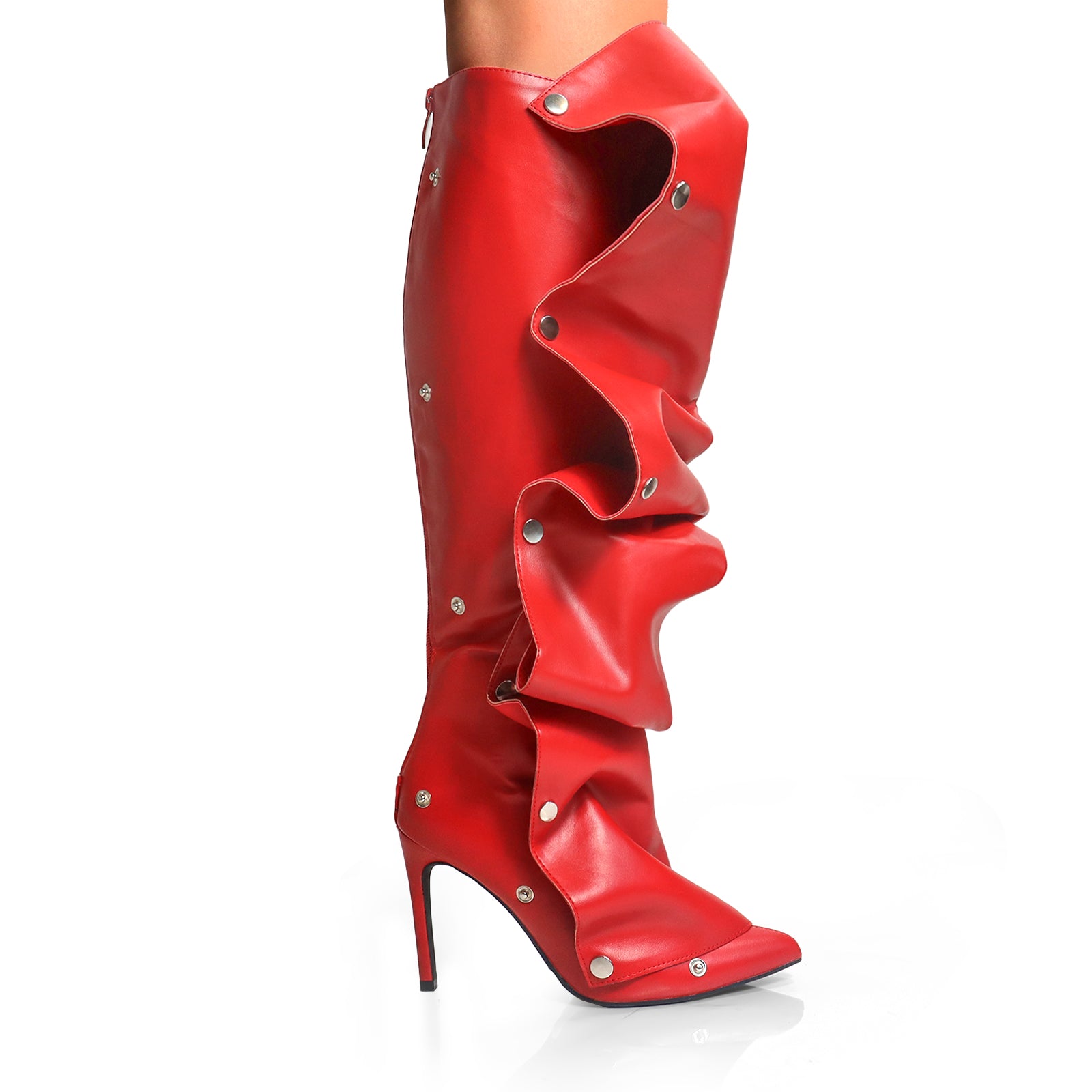 MAGE-1 POINTED TOE PRESS STUD KNEE-HIGH BOOTS W/ STILETTO HEEL RED