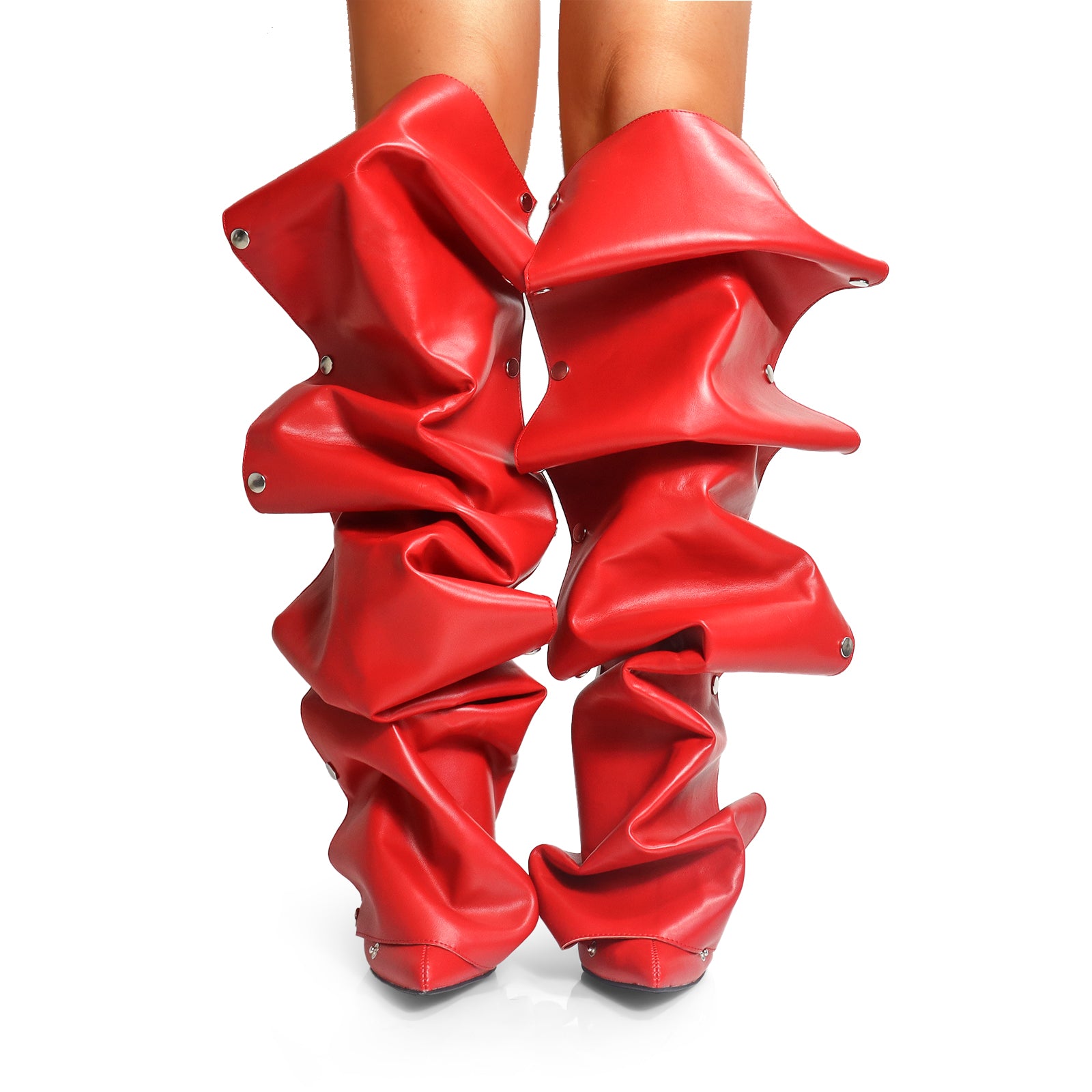 MAGE-1 POINTED TOE PRESS STUD KNEE-HIGH BOOTS W/ STILETTO HEEL RED