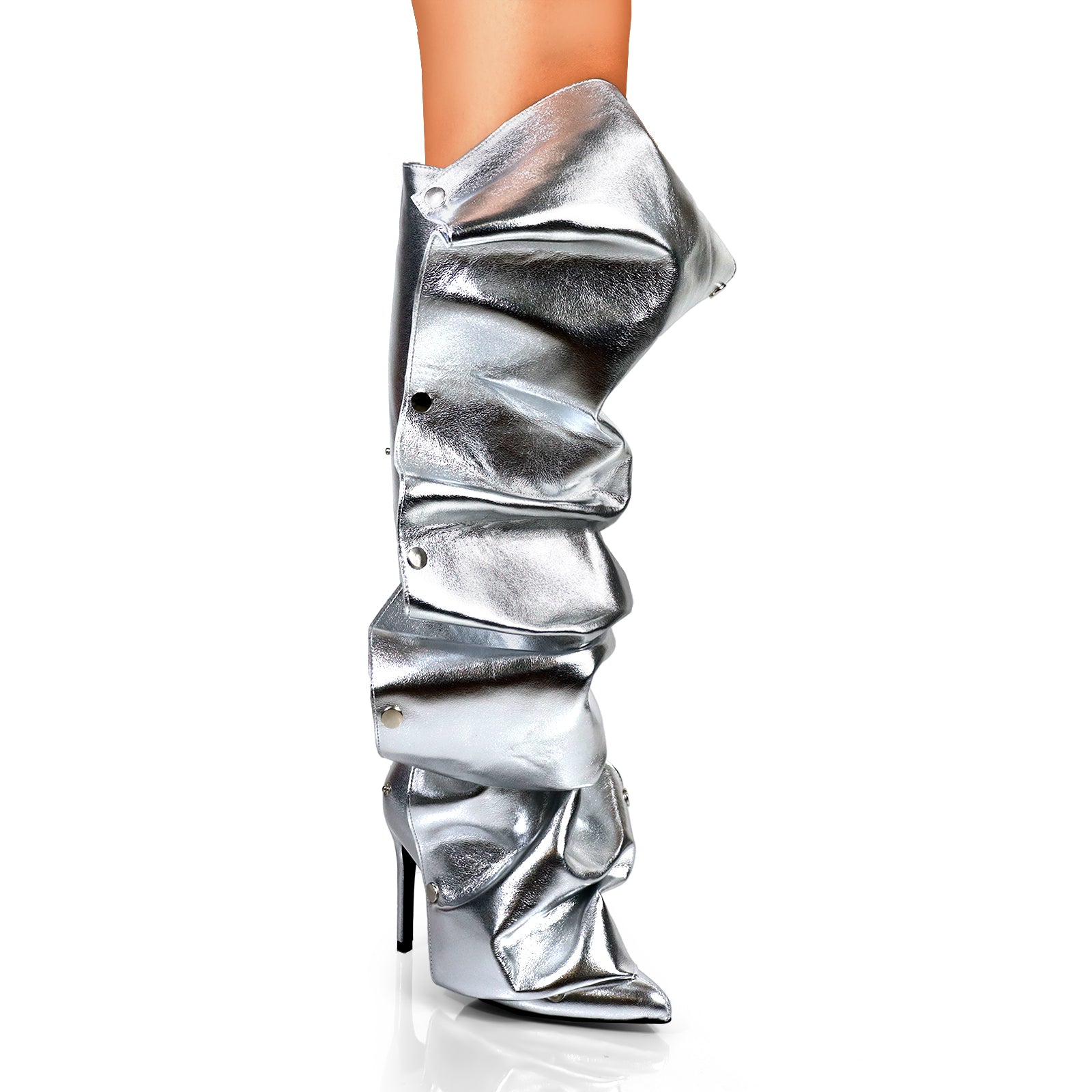 MAGE-1 POINTED TOE PRESS STUD KNEE-HIGH BOOTS W/ STILETTO HEEL SILVER