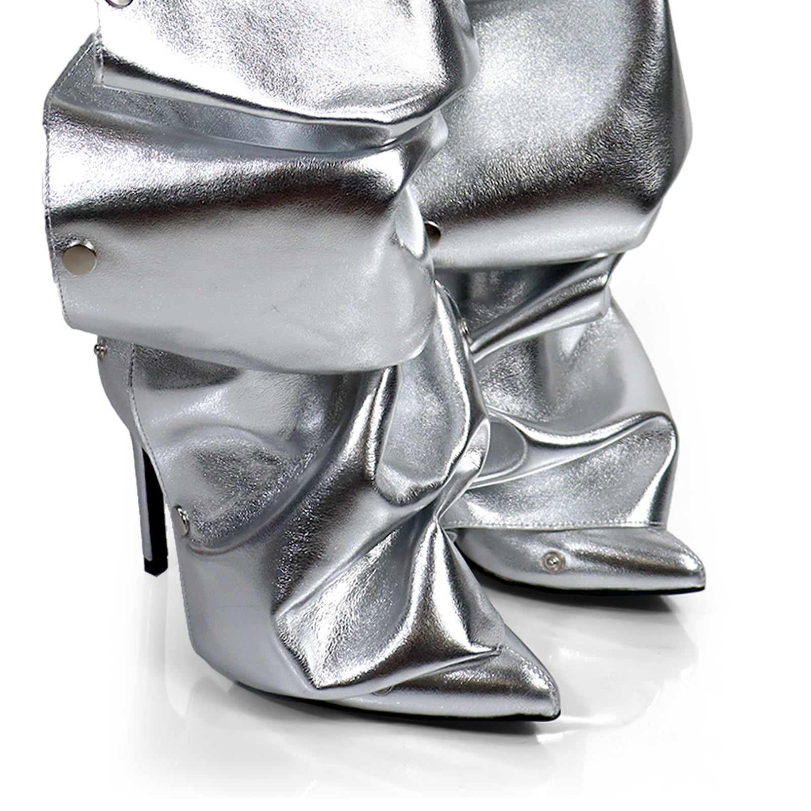 MAGE-1 POINTED TOE PRESS STUD KNEE-HIGH BOOTS W/ STILETTO HEEL SILVER