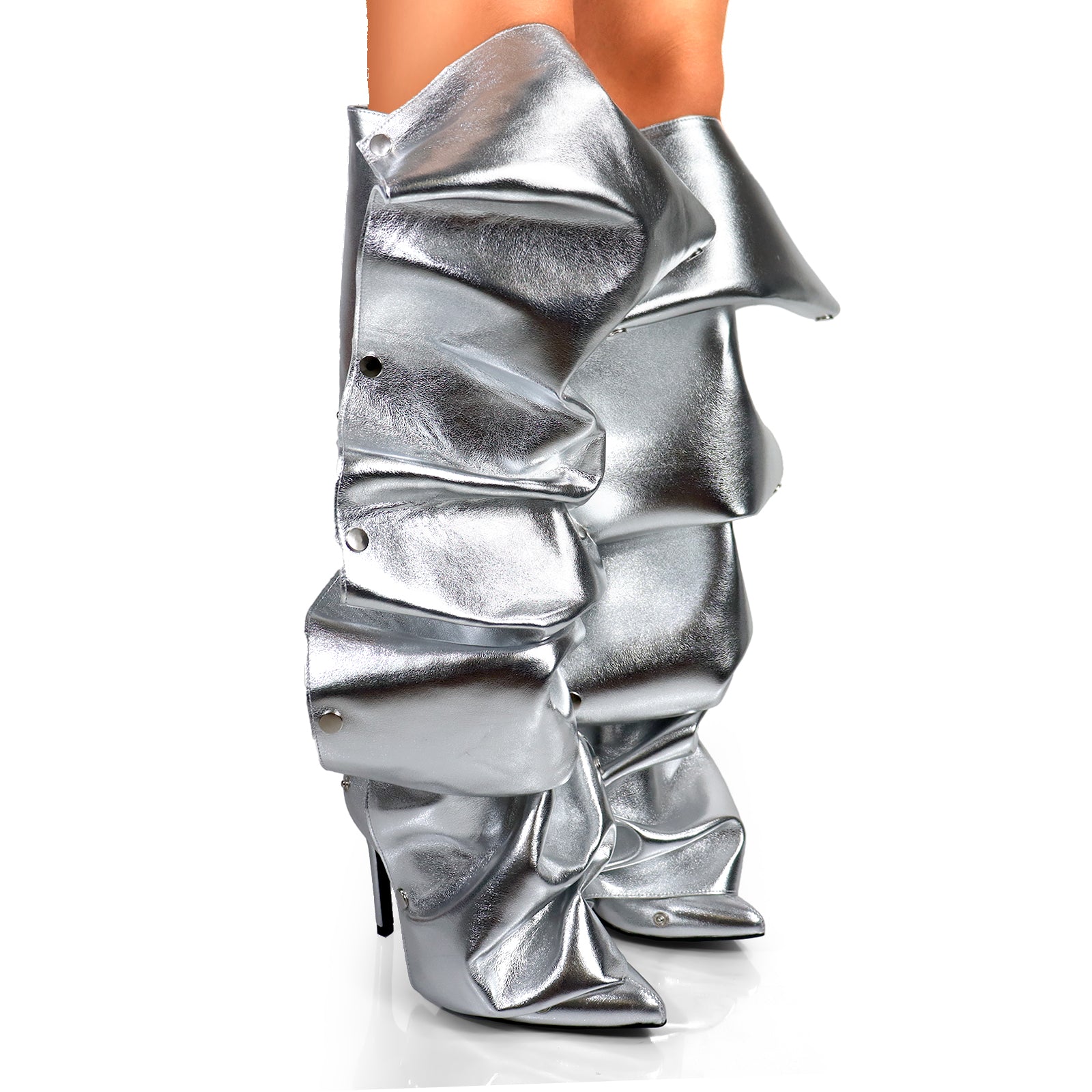 MAGE-1 POINTED TOE PRESS STUD KNEE-HIGH BOOTS W/ STILETTO HEEL SILVER