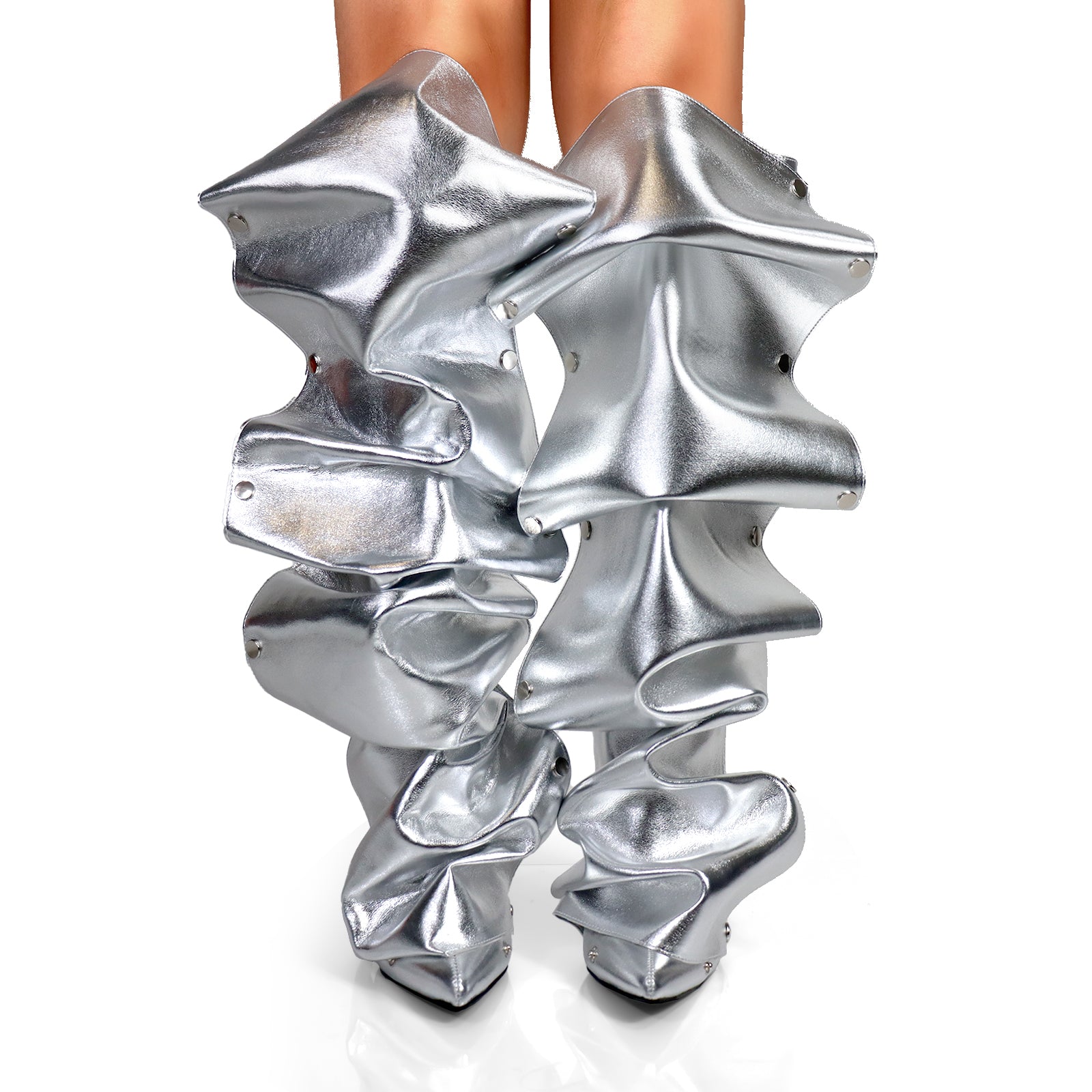 MAGE-1 POINTED TOE PRESS STUD KNEE-HIGH BOOTS W/ STILETTO HEEL SILVER