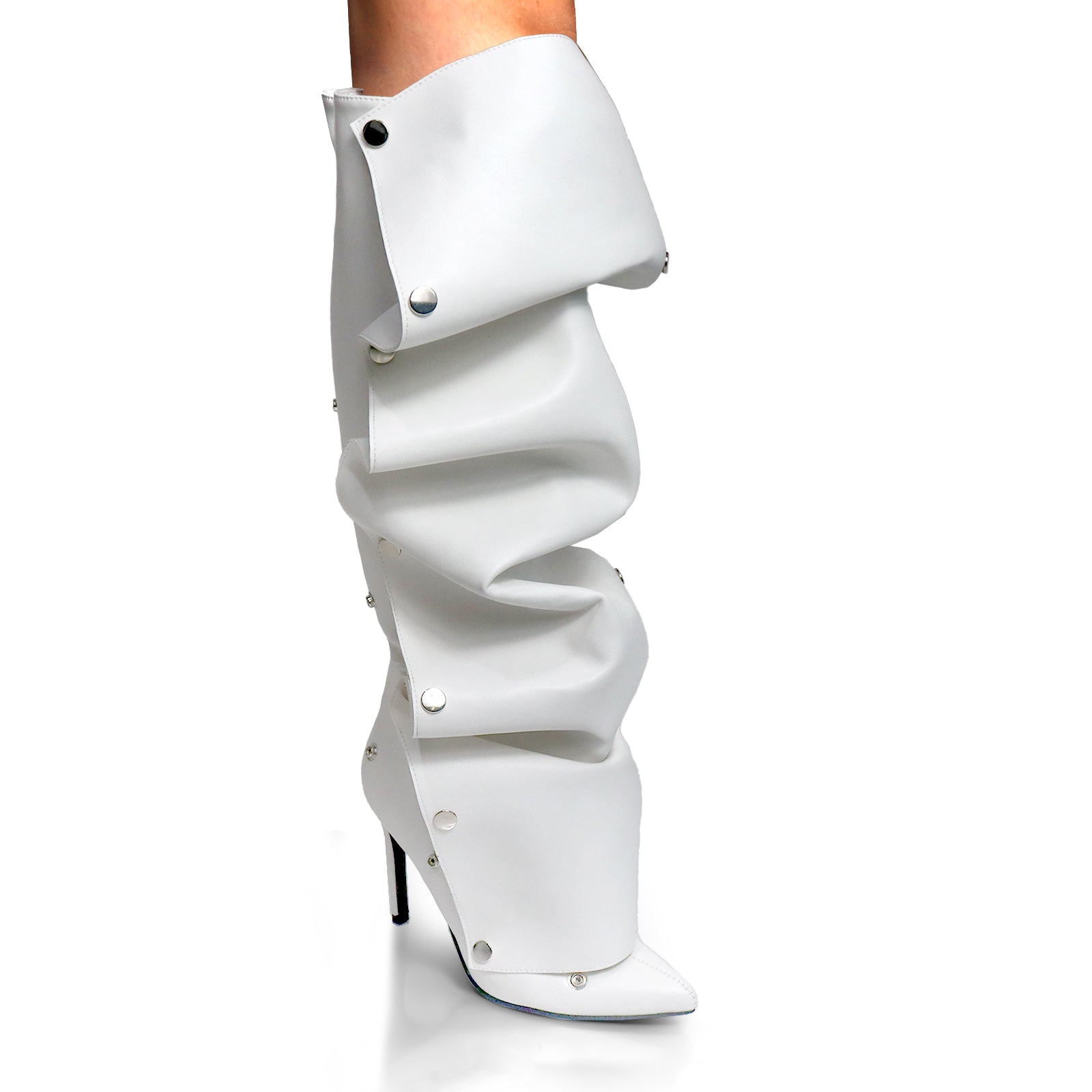 MAGE-1 POINTED TOE PRESS STUD KNEE-HIGH BOOTS W/ STILETTO HEEL WHITE