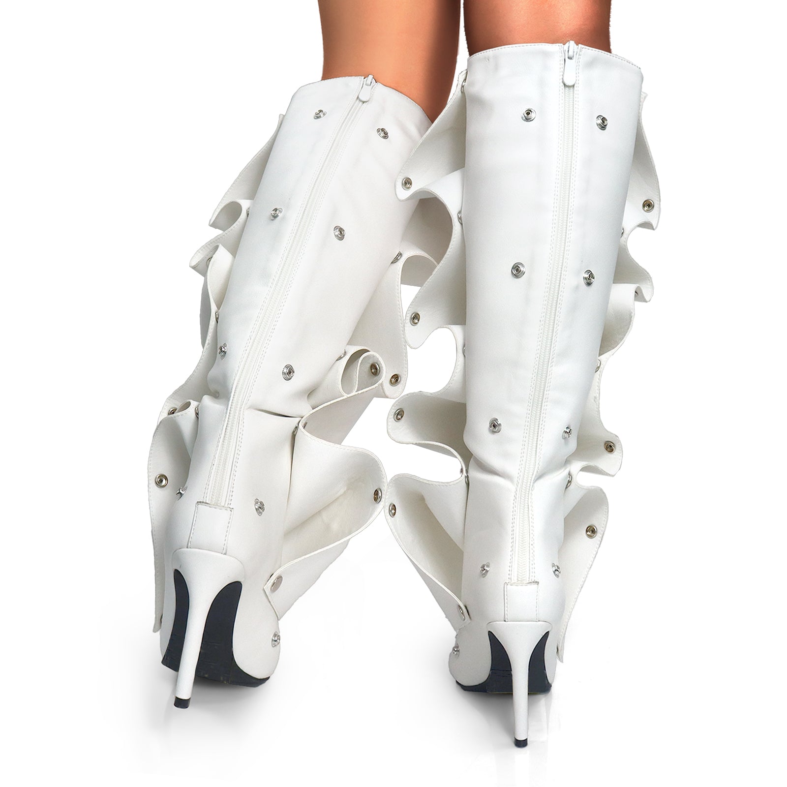 MAGE-1 POINTED TOE PRESS STUD KNEE-HIGH BOOTS W/ STILETTO HEEL WHITE